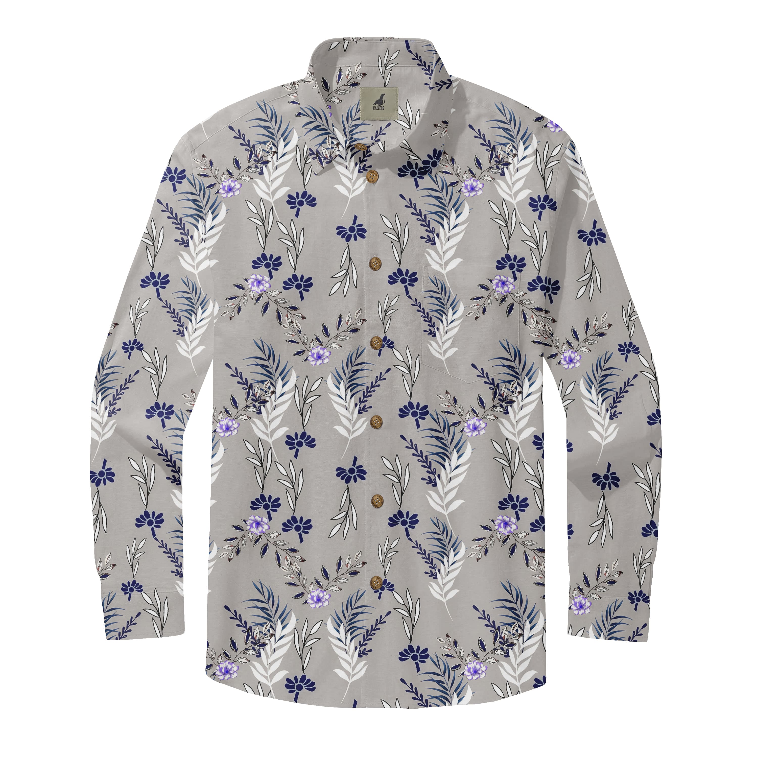 Gray Tropical Floral Long Sleeve Hawaiian Shirt