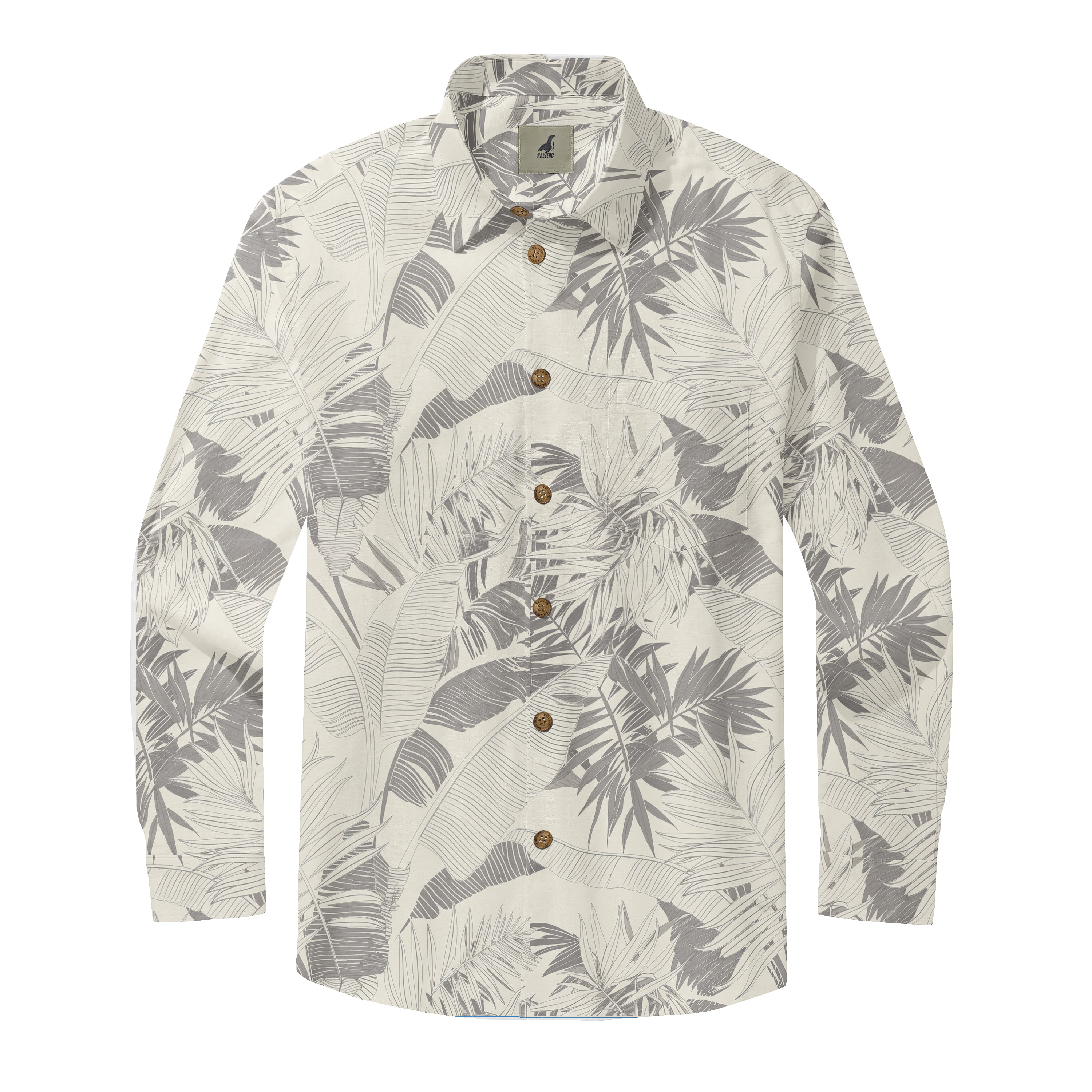Cream-colored long-sleeve shirt with gray tropical leaf print.
