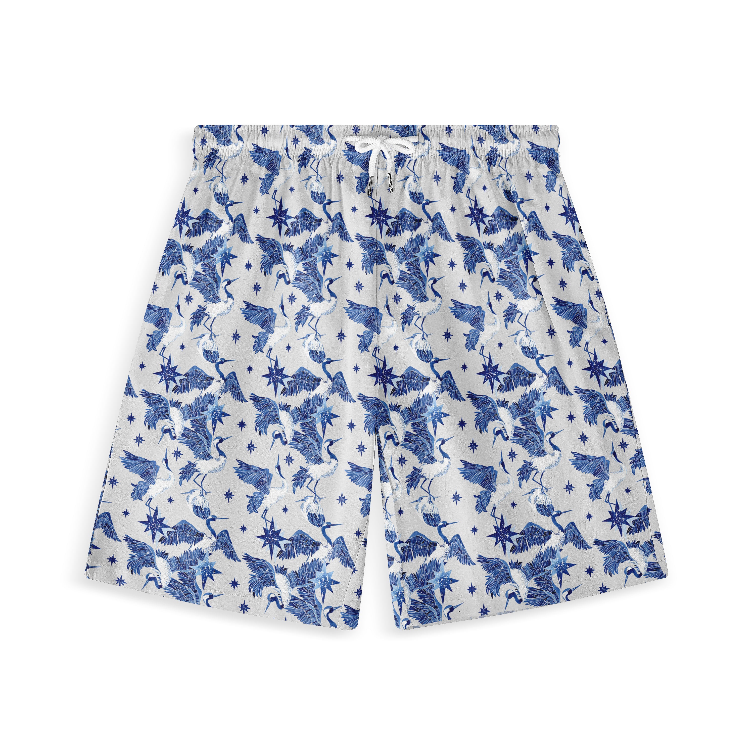 Blue and white shorts with crane and star pattern, featuring.