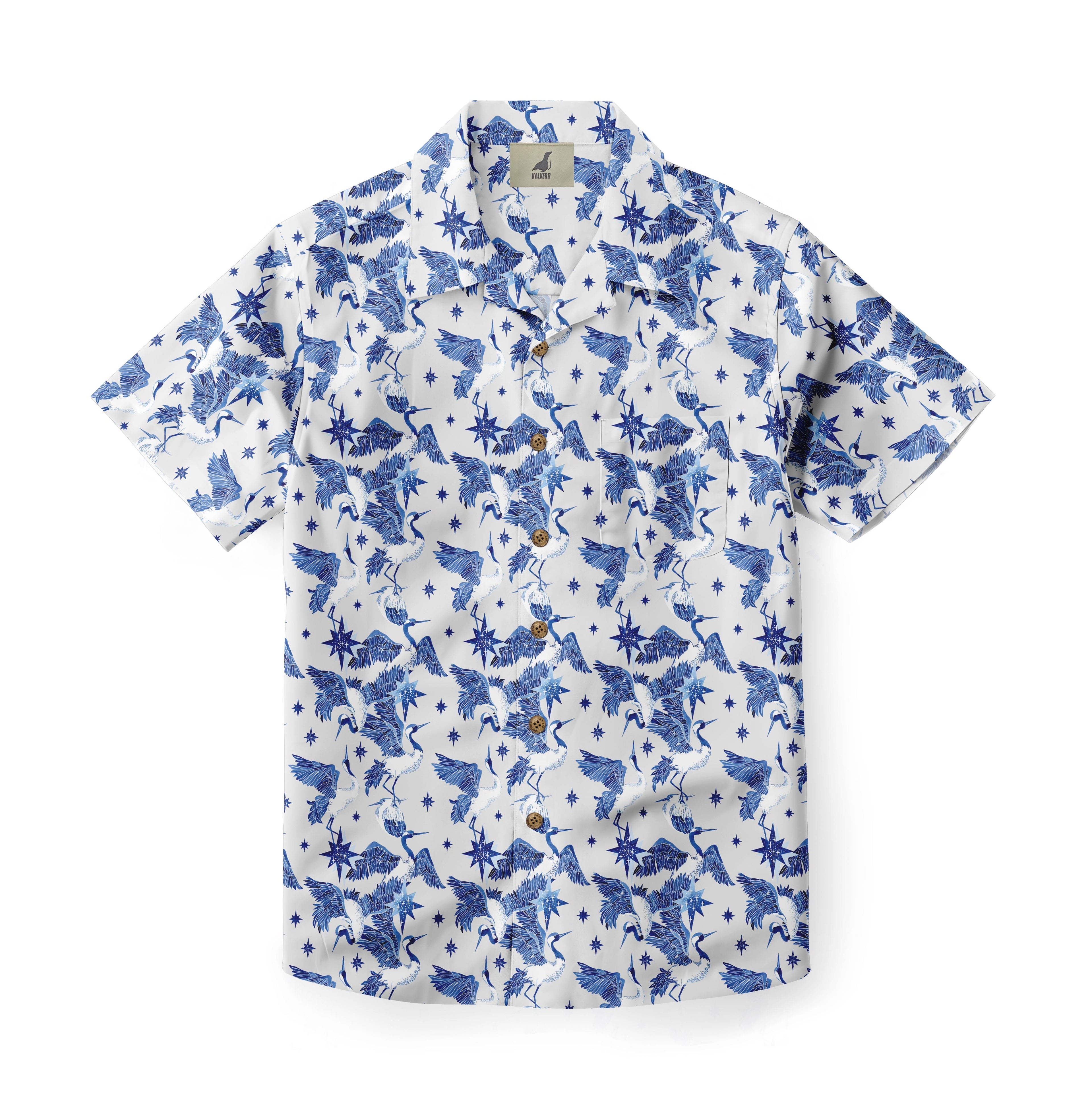 White short-sleeve shirt with blue crane and star pattern, featuring.