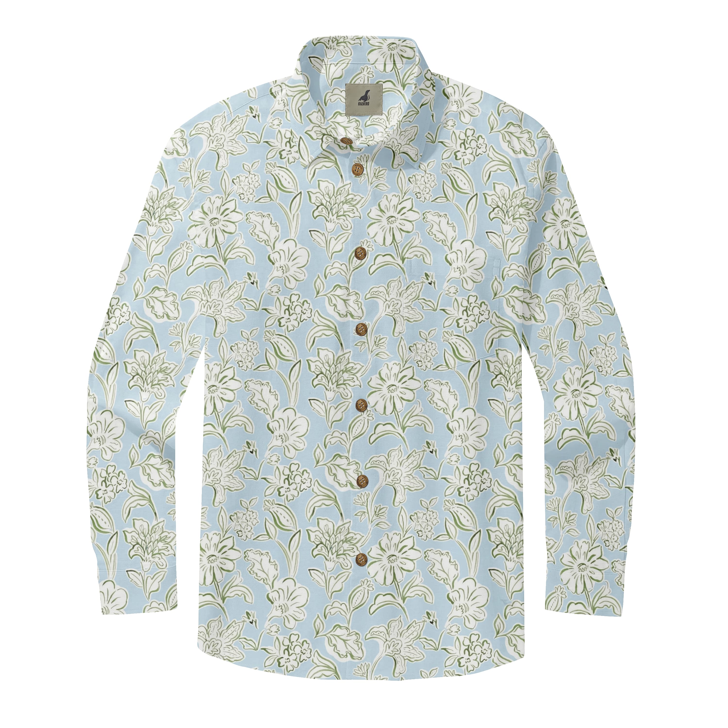 Light Blue White Floral Long Sleeve Hawaiian Shirt