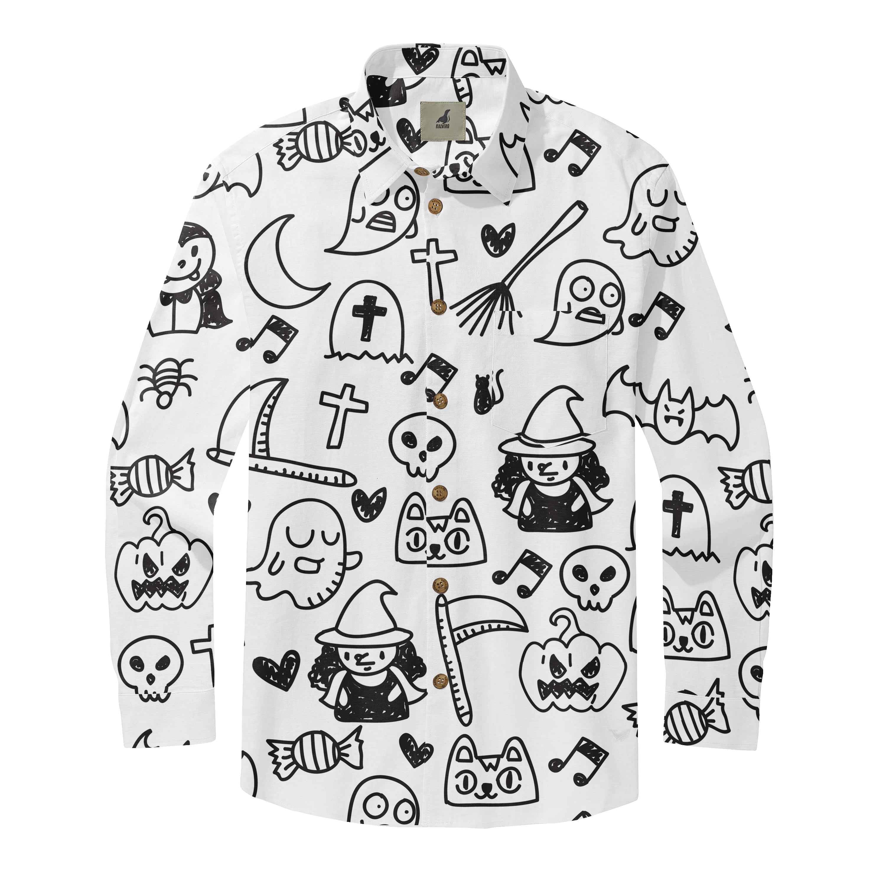 White shirt with black Halloween-themed doodles.