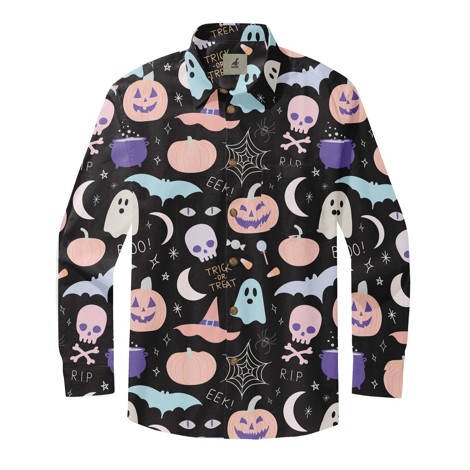 Black shirt with Halloween pumpkins, ghosts, bats, and skulls.