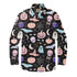 Black shirt with Halloween pumpkins, ghosts, bats, and skulls.