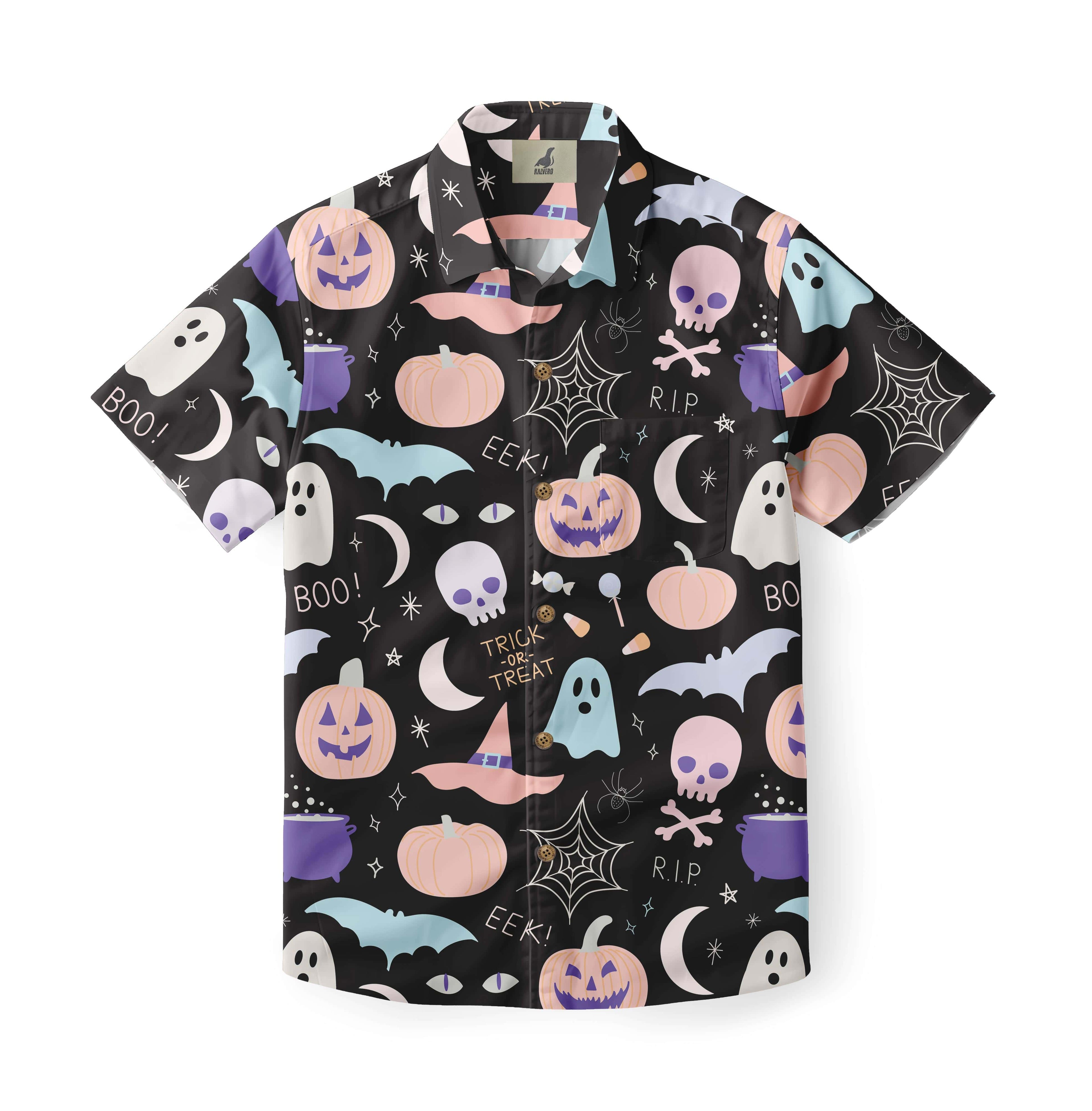 Black Halloween shirt with pumpkins, ghosts, bats, and skulls.