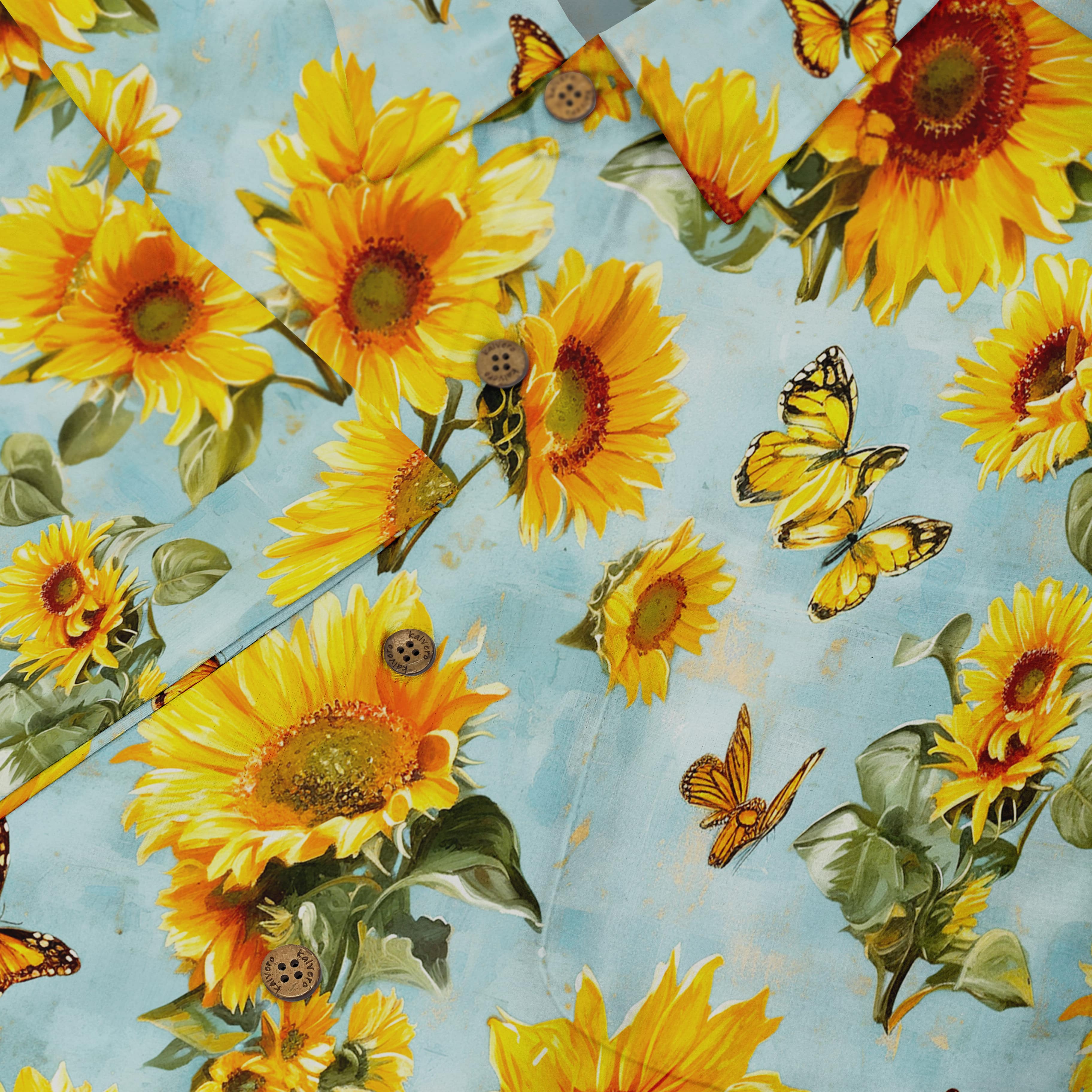 Sunflower and butterfly print fabric, light blue background.