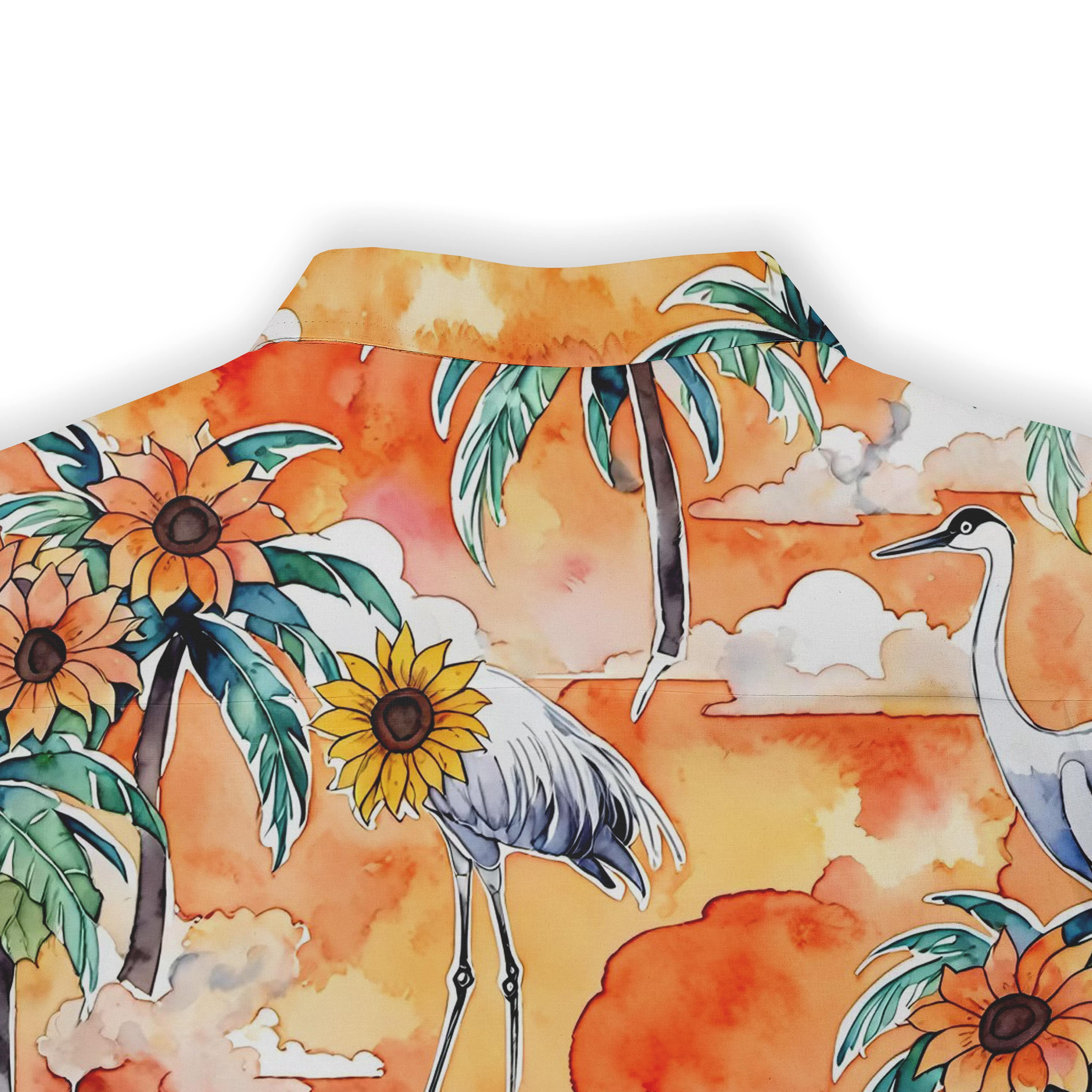 Tropical shirt with sunflowers, cranes, and palm trees.