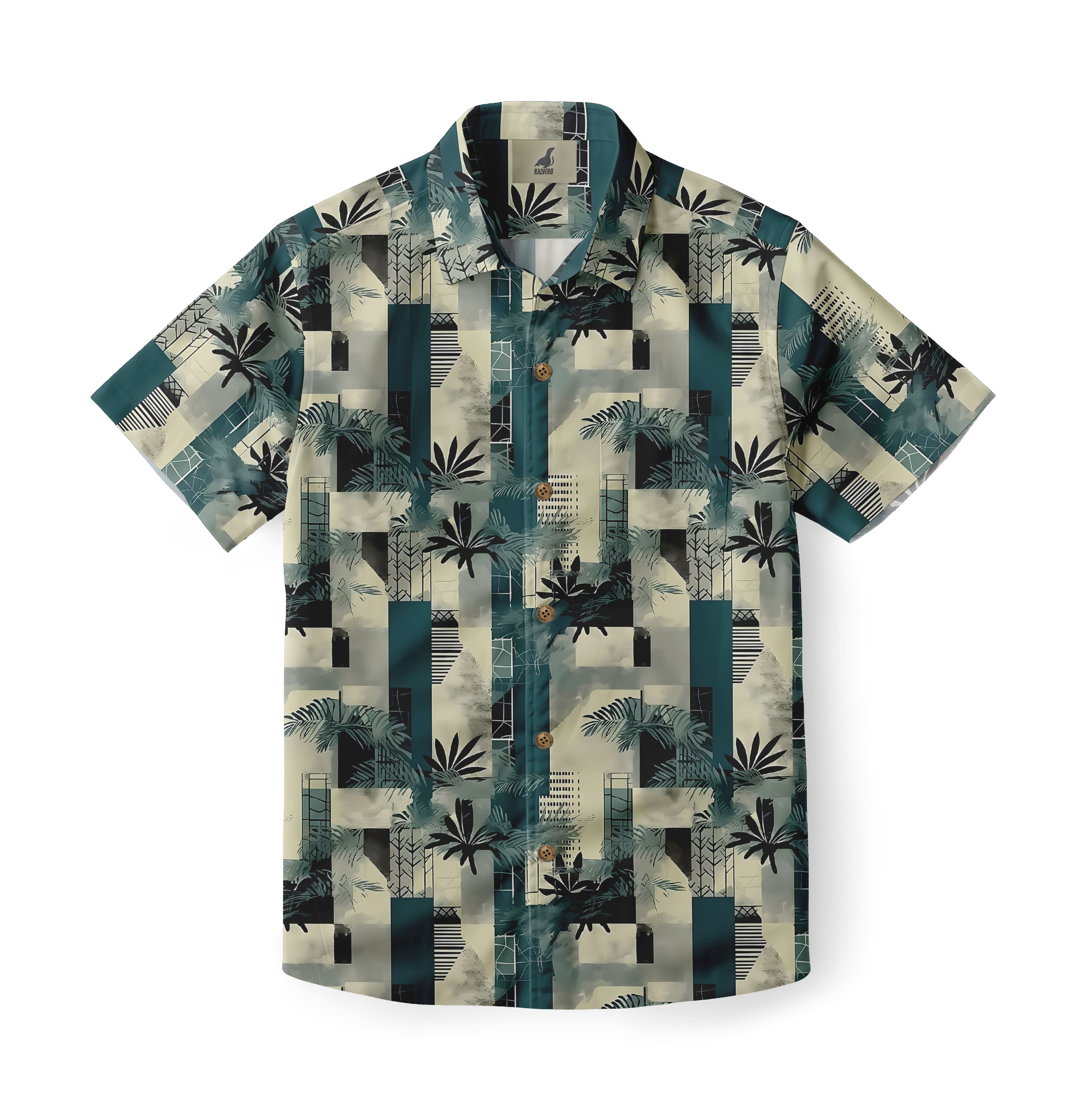 Teal Geometric Palm Print Hawaiian Shirt