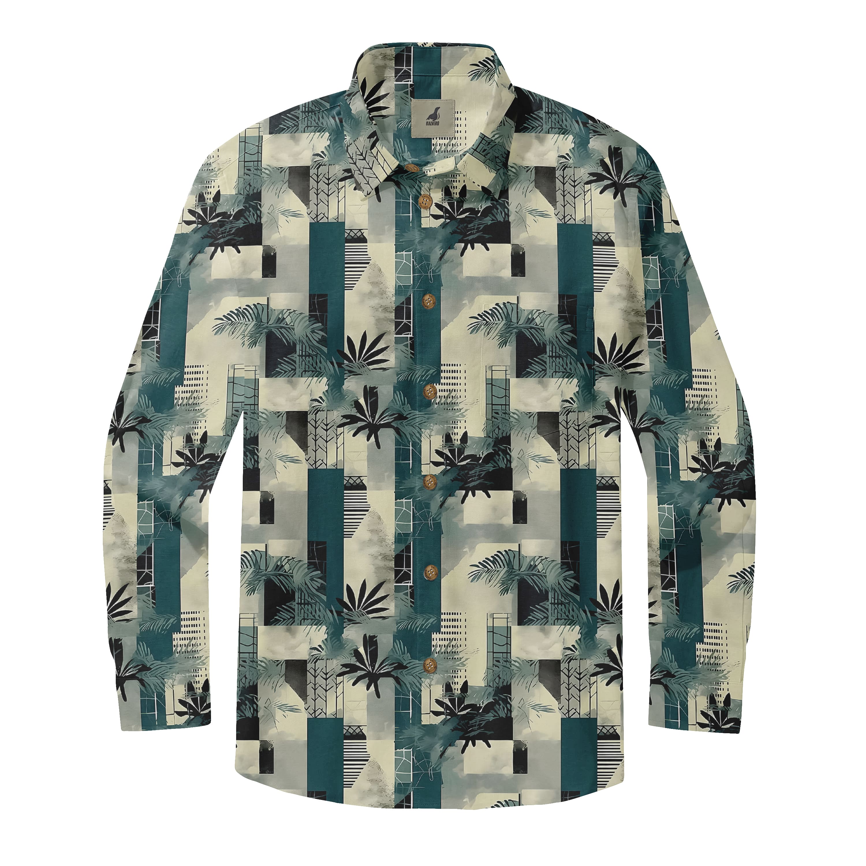 Teal Geometric Palm Print Long Sleeve Long Sleeve Hawaiia...