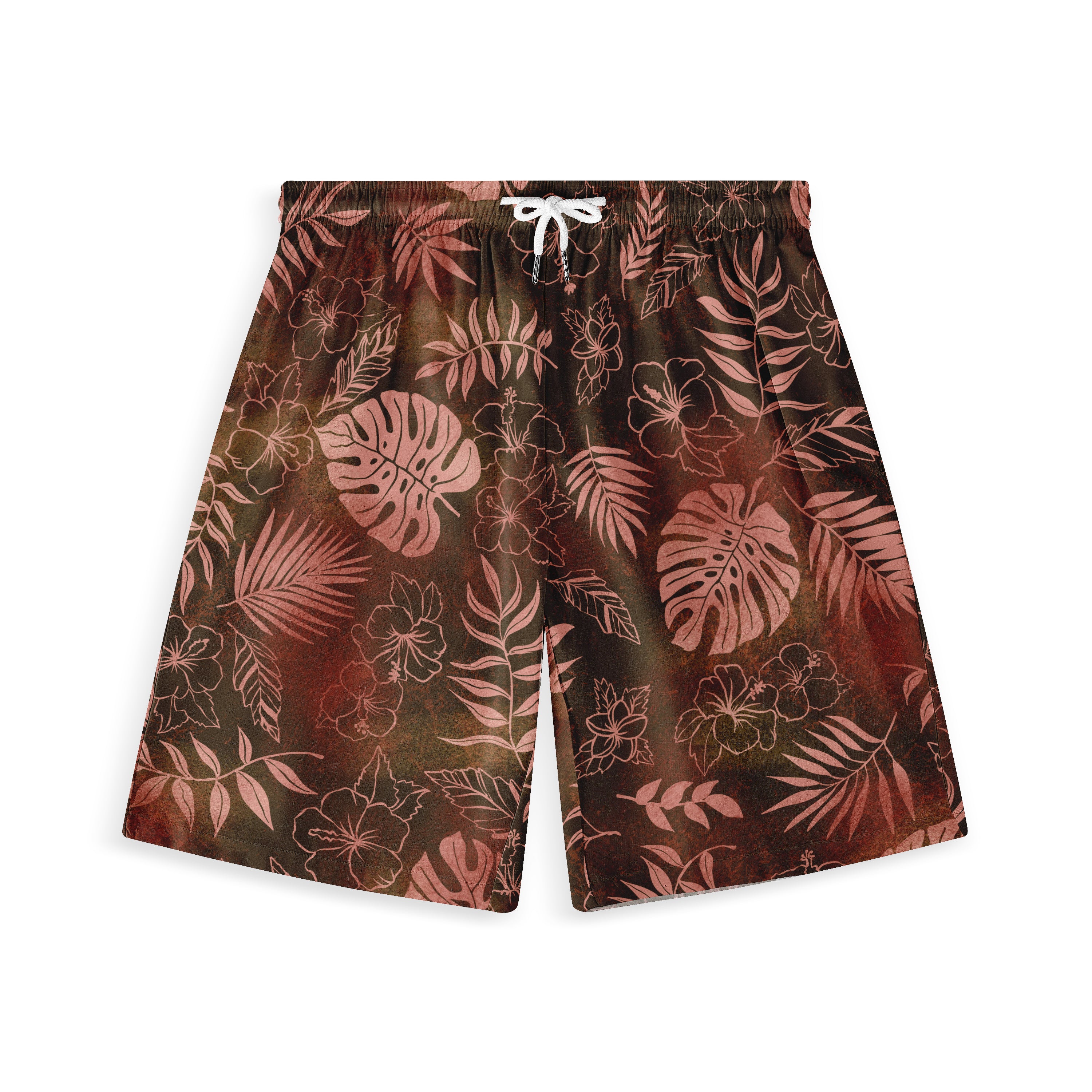 Brown shorts with pink tropical leaf and flower pattern, white.