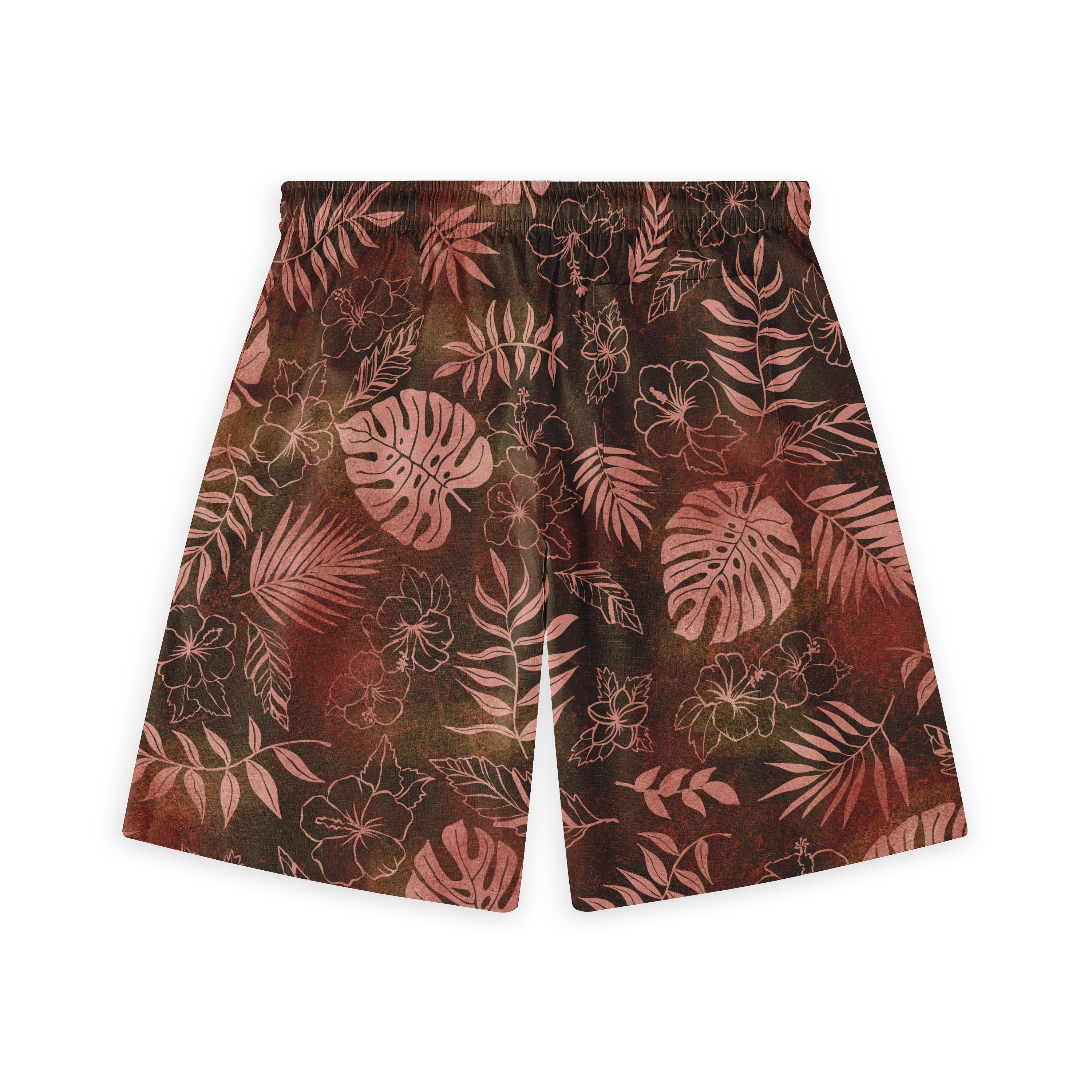 Brown shorts with tropical leaf and flower pattern in red and pink.