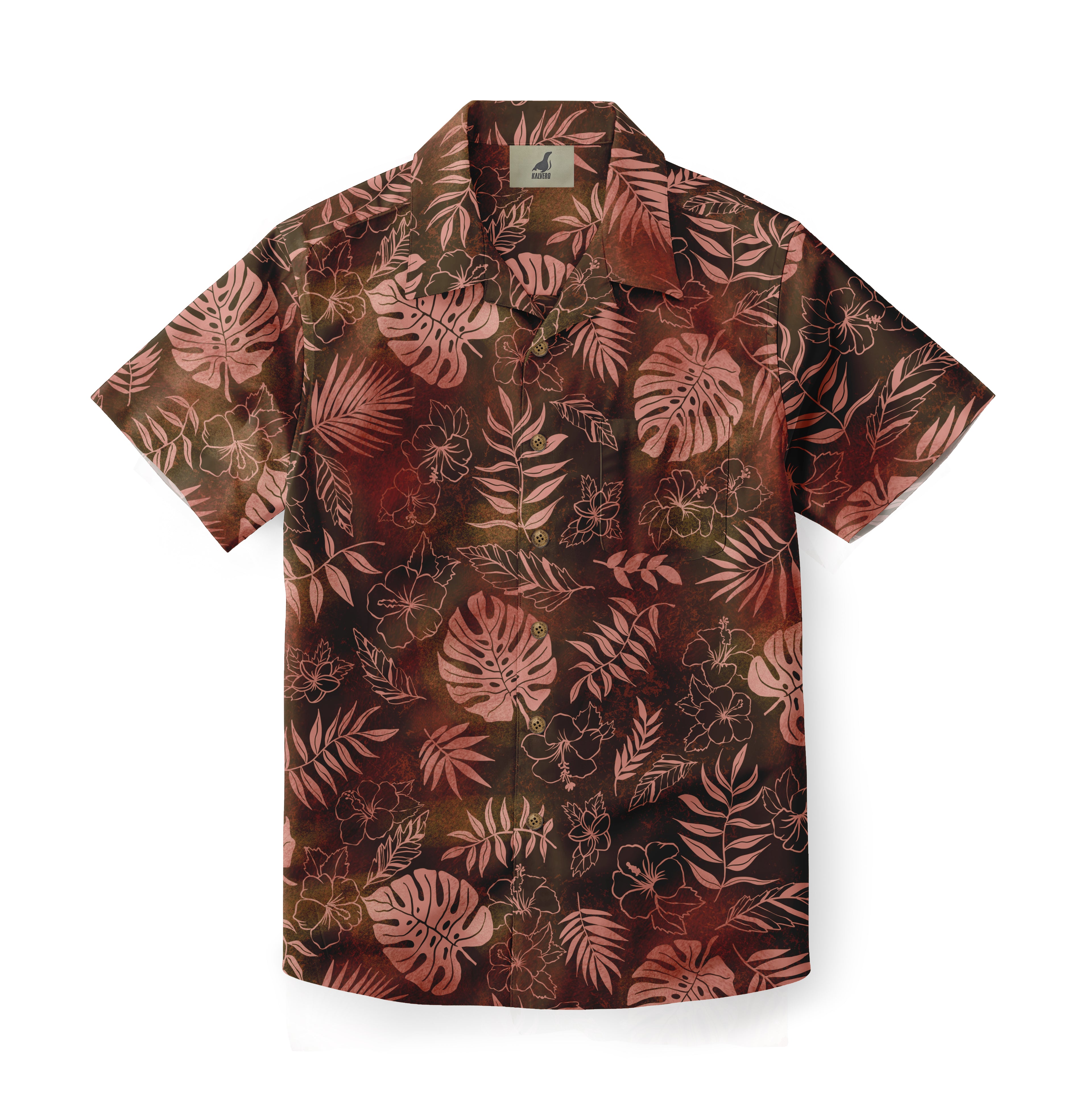 Brown tropical print short-sleeve shirt with floral and leaf.