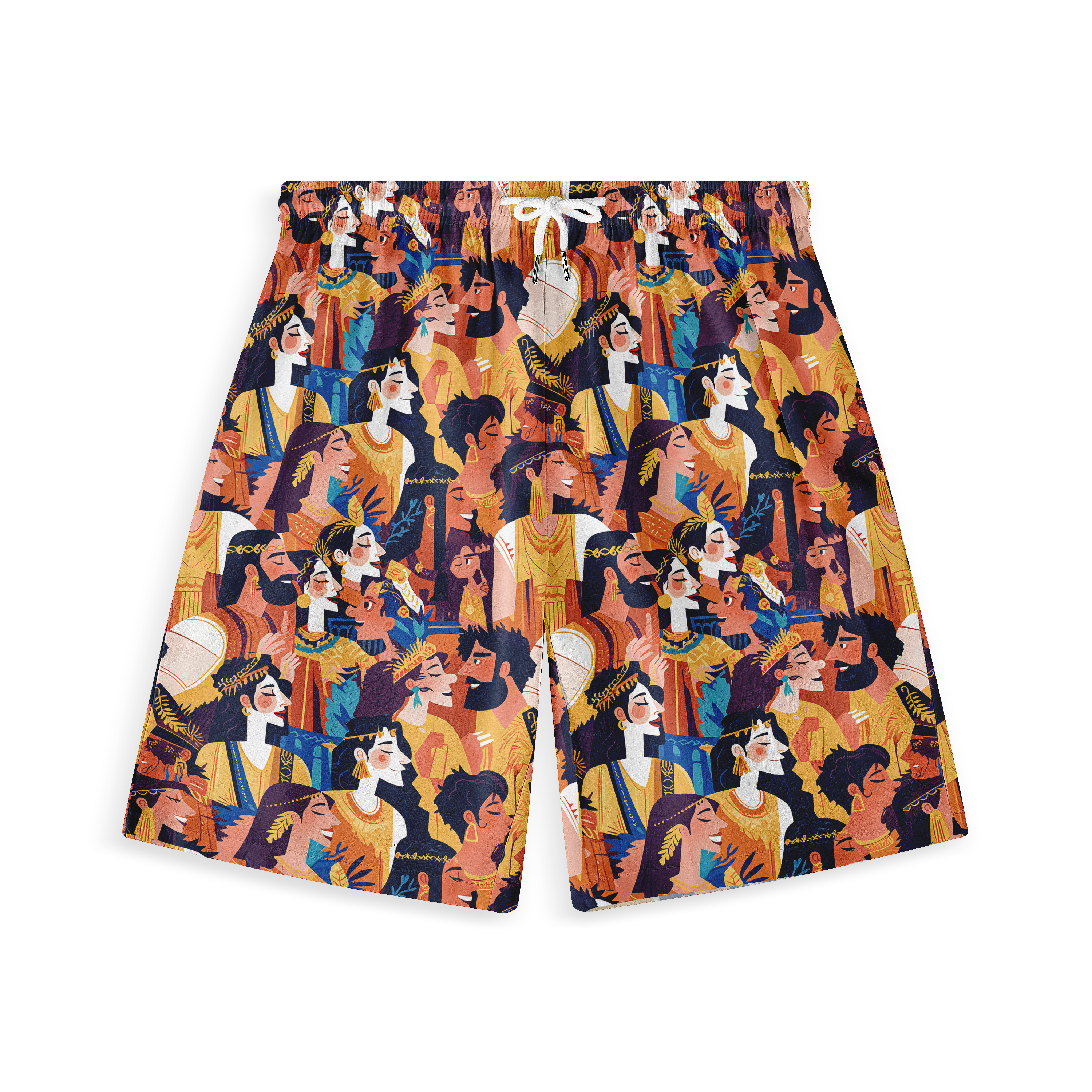 Colorful shorts featuring a vibrant, repeating pattern of stylized.