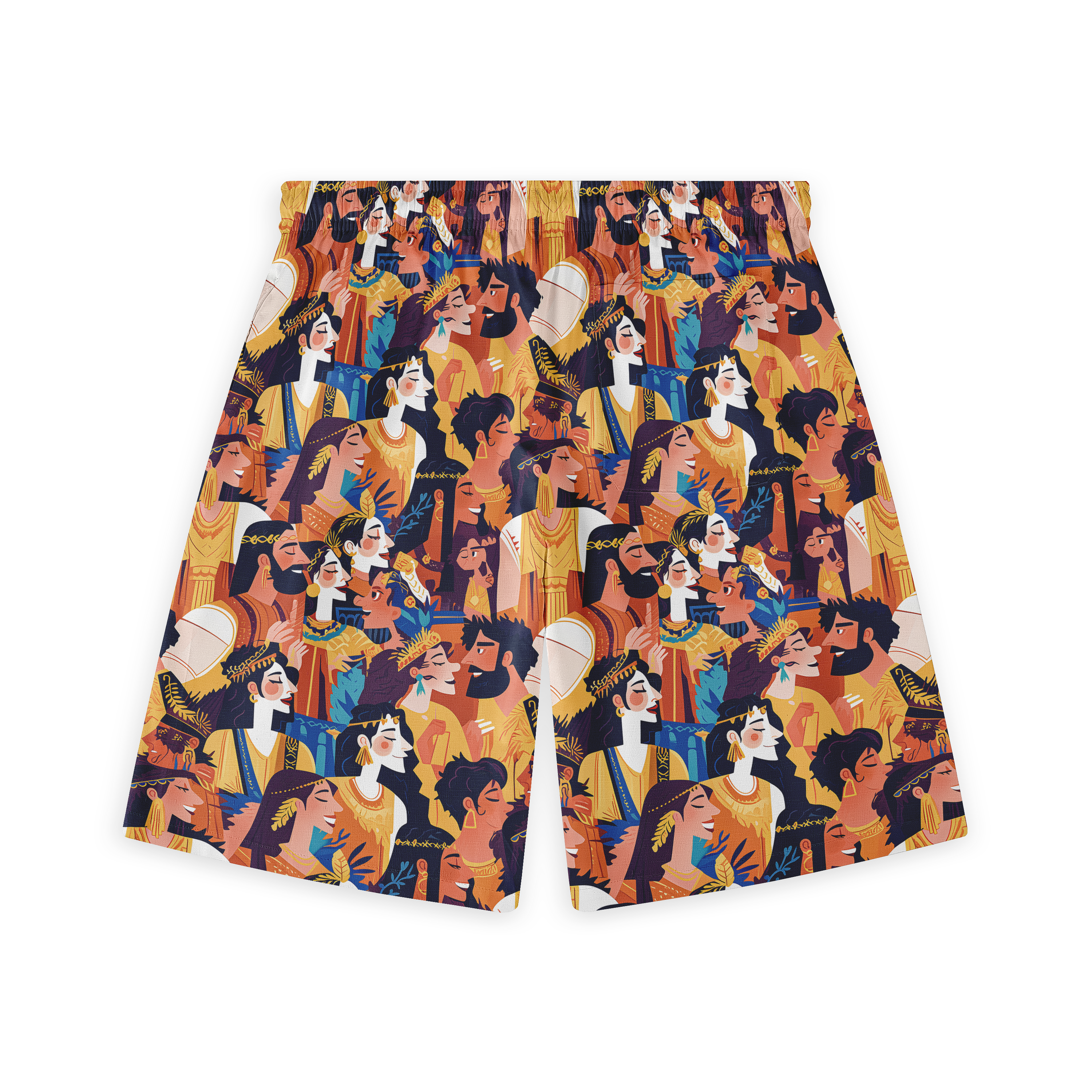 Colorful shorts featuring a vibrant, repeating pattern of stylized.