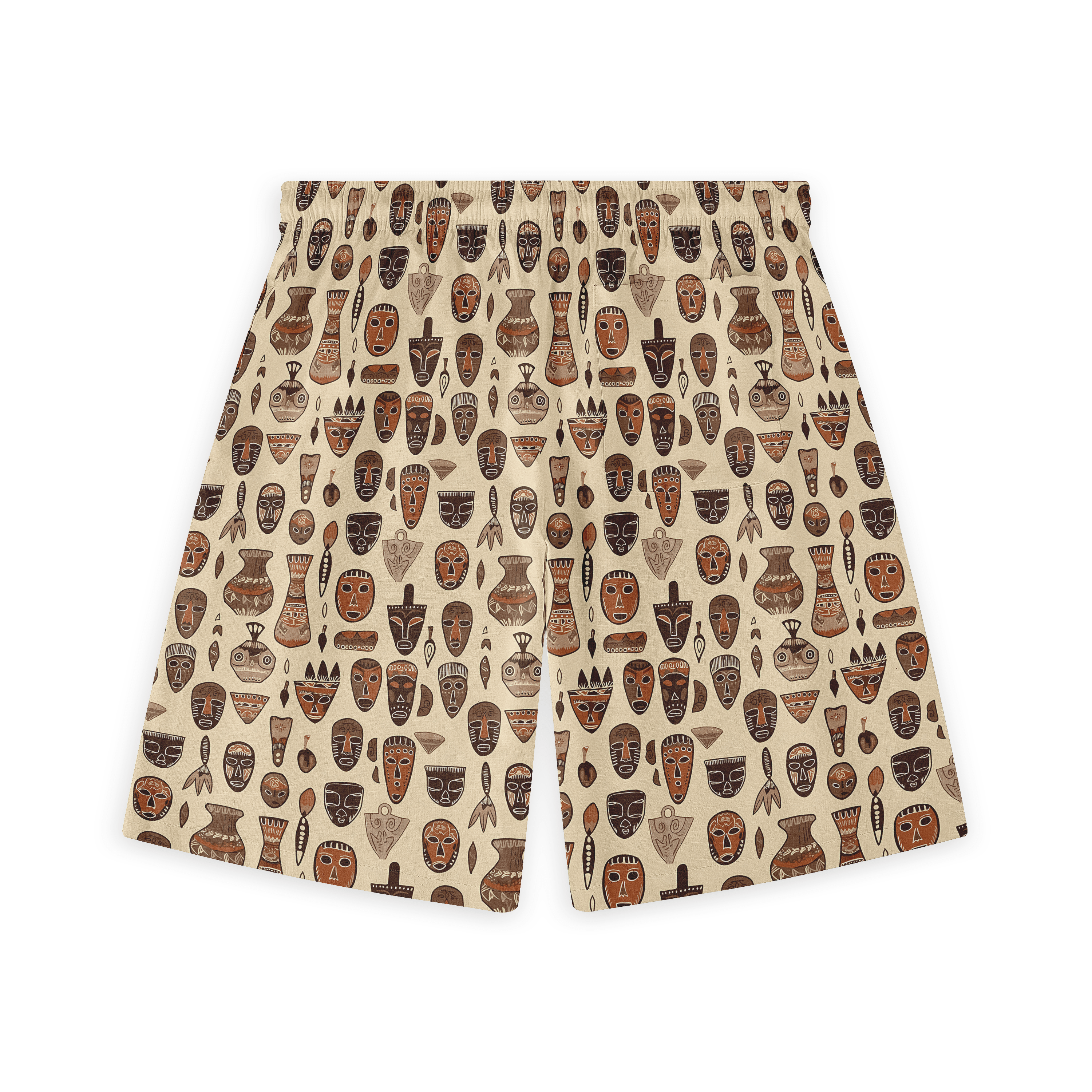 Beige shorts with a pattern of African masks and tribal designs.