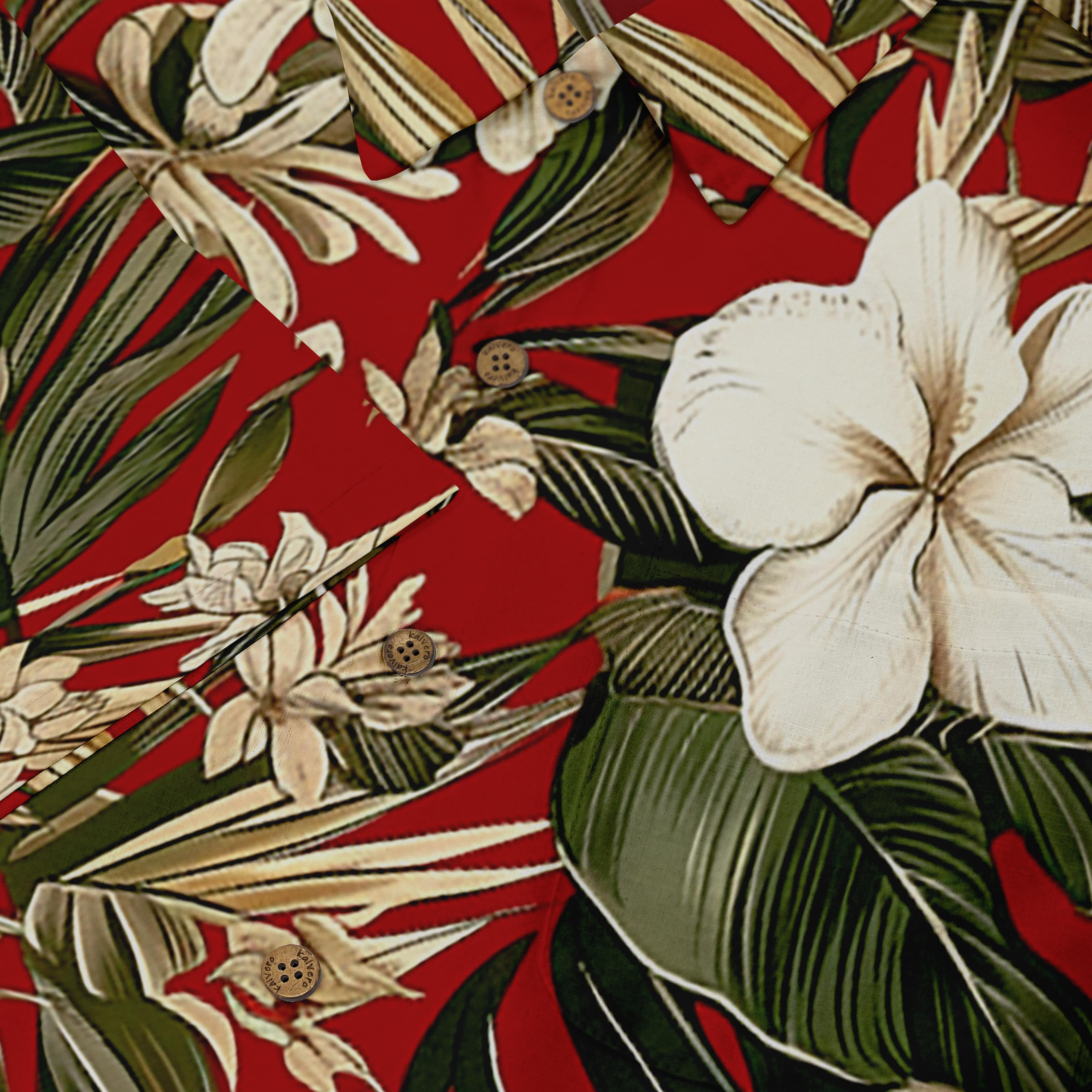 Red fabric with white flowers and green leaves pattern.