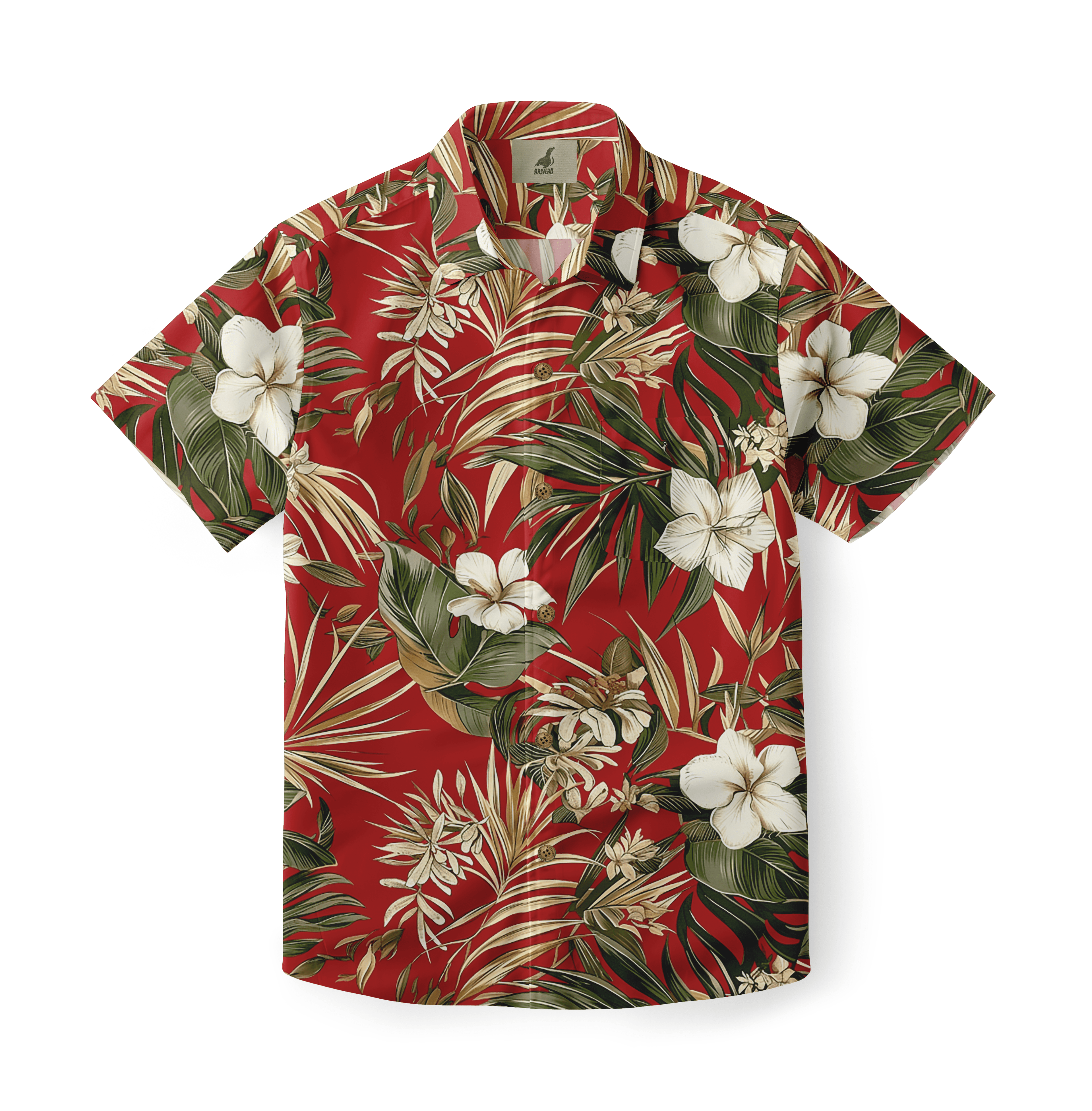 Red Hawaiian shirt with white flowers and green leaves.