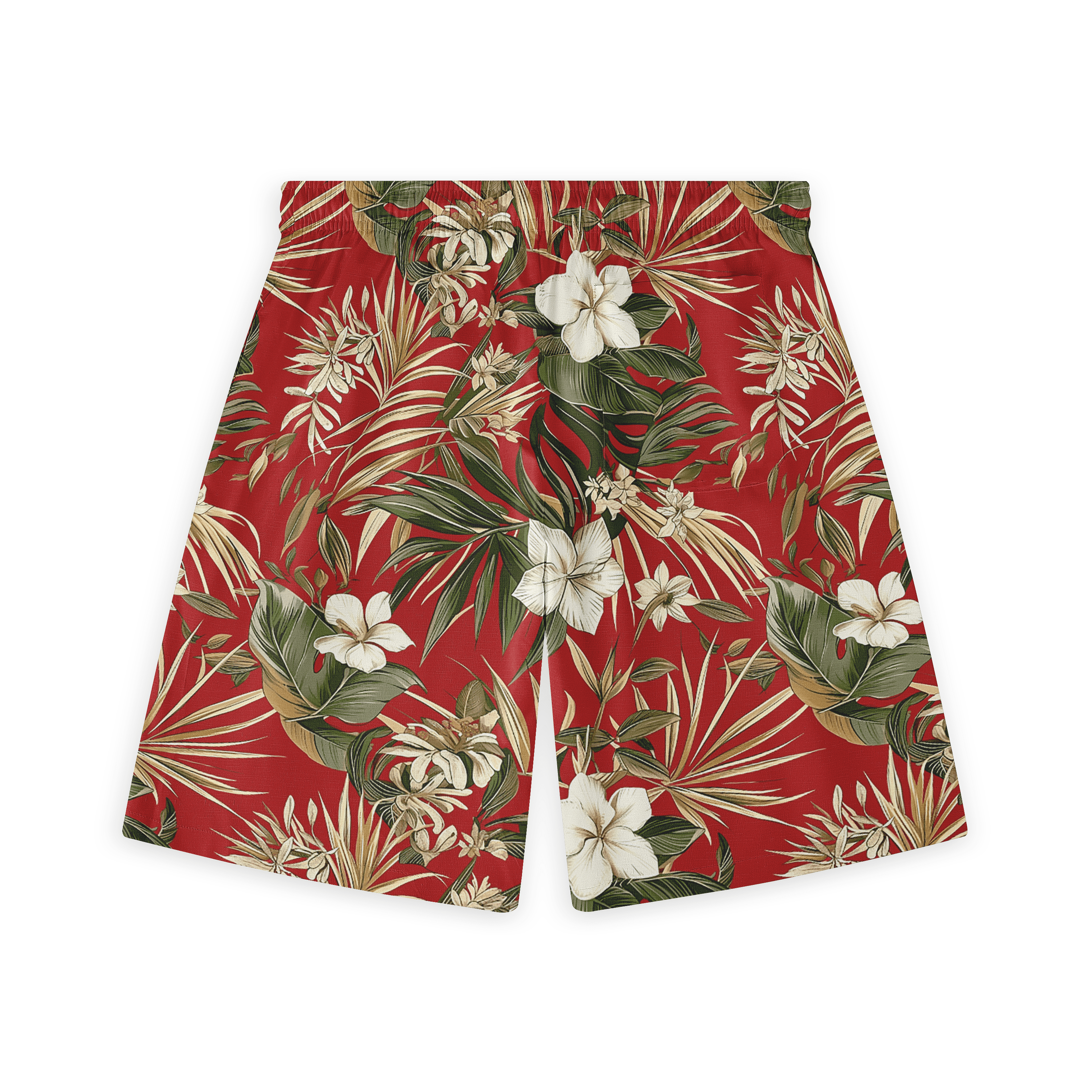 Red shorts with white flowers and green leaves pattern.