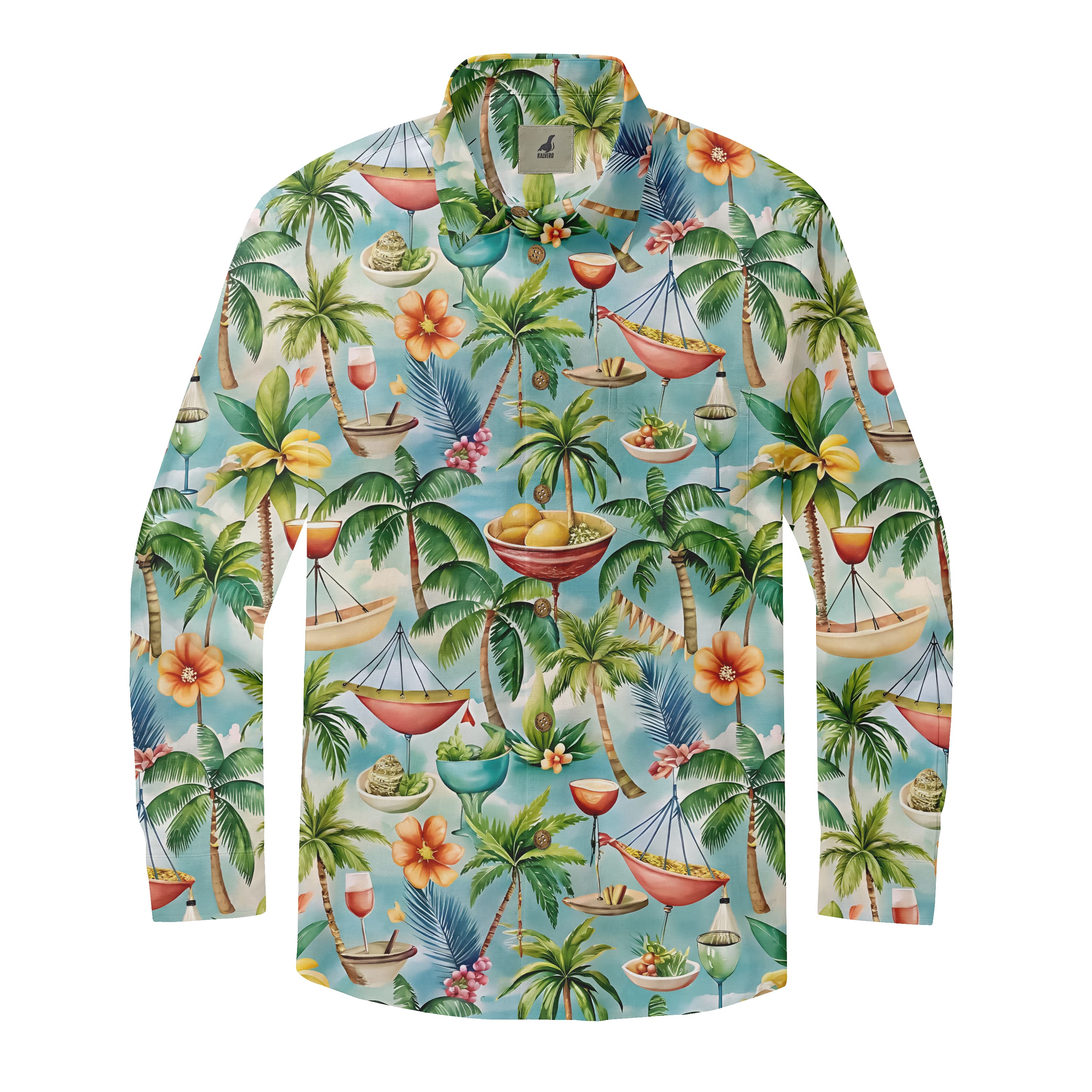 Light Blue Tropical Floral Long Sleeve Hawaiian Shirt