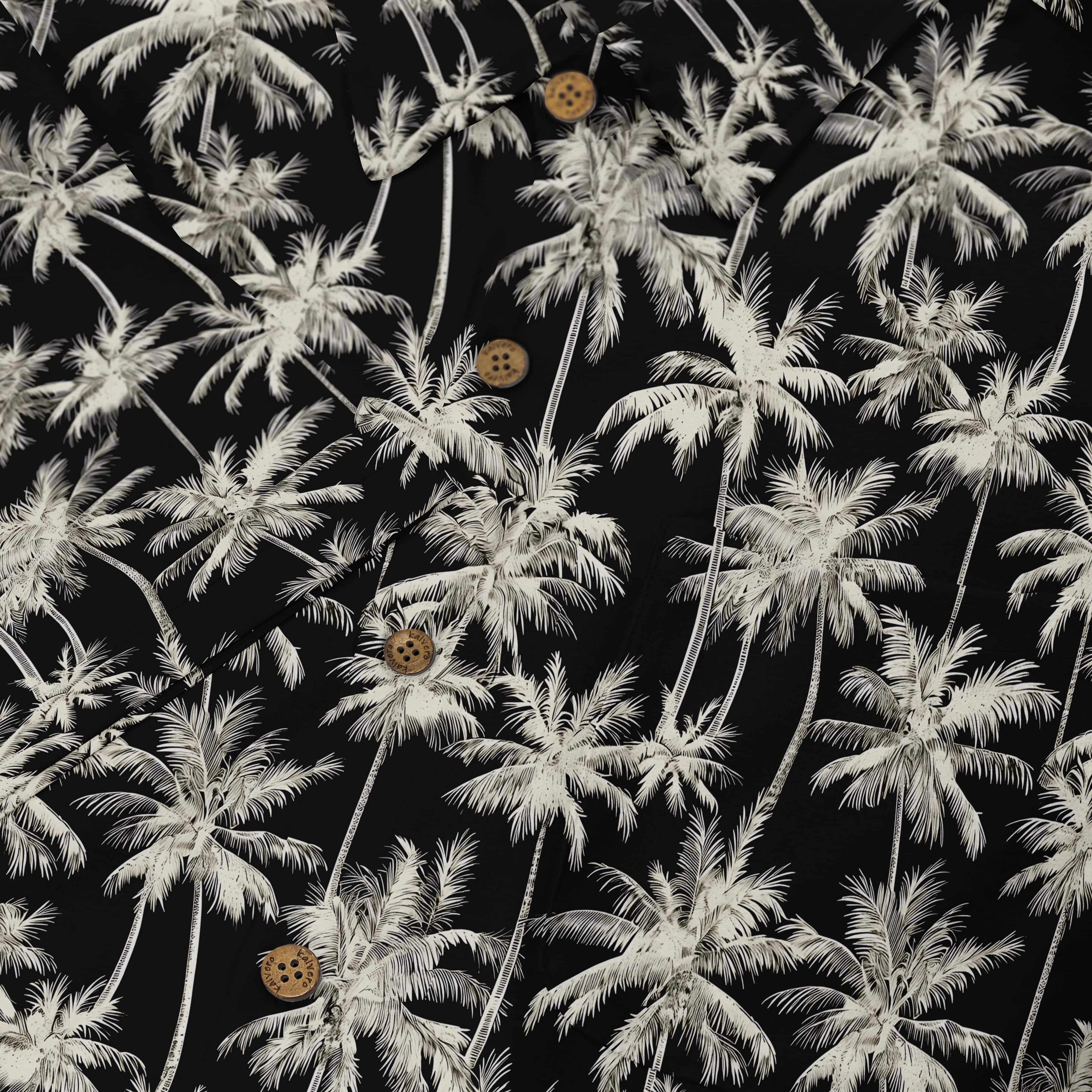 Black shirt with white palm tree print and brown buttons.