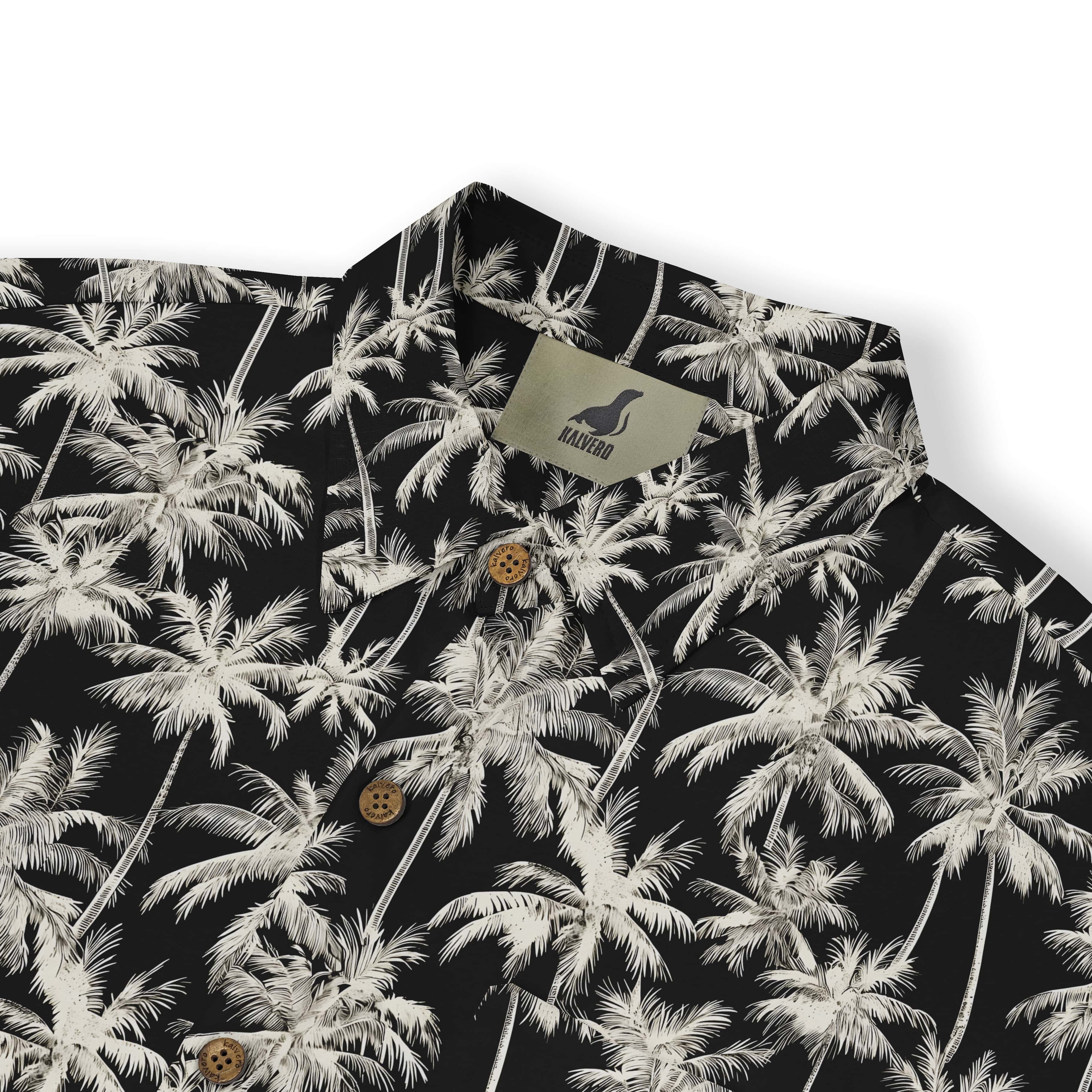 Black shirt with white palm tree print and wooden buttons.