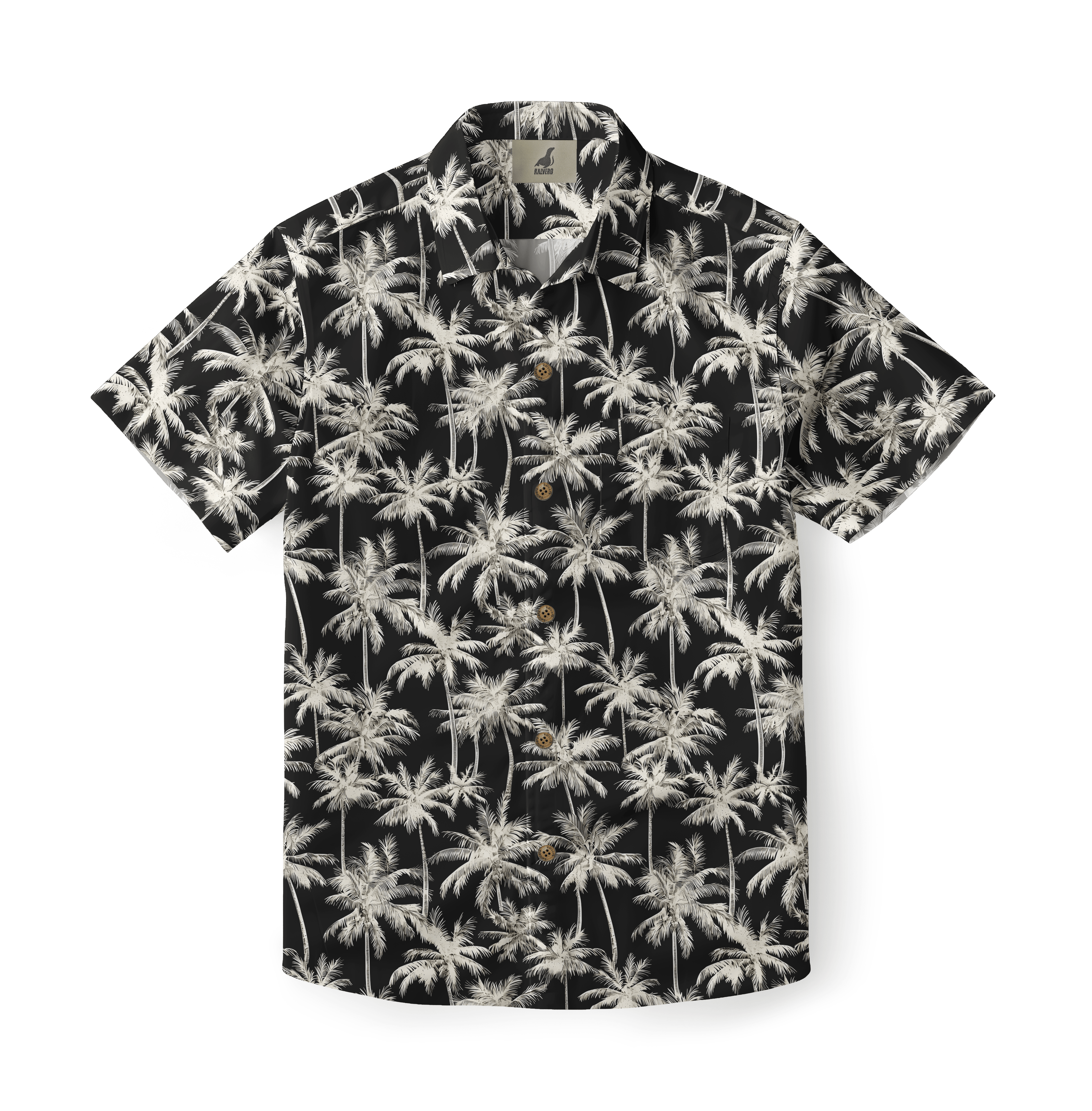 Black short-sleeve shirt with white palm tree print and wooden.