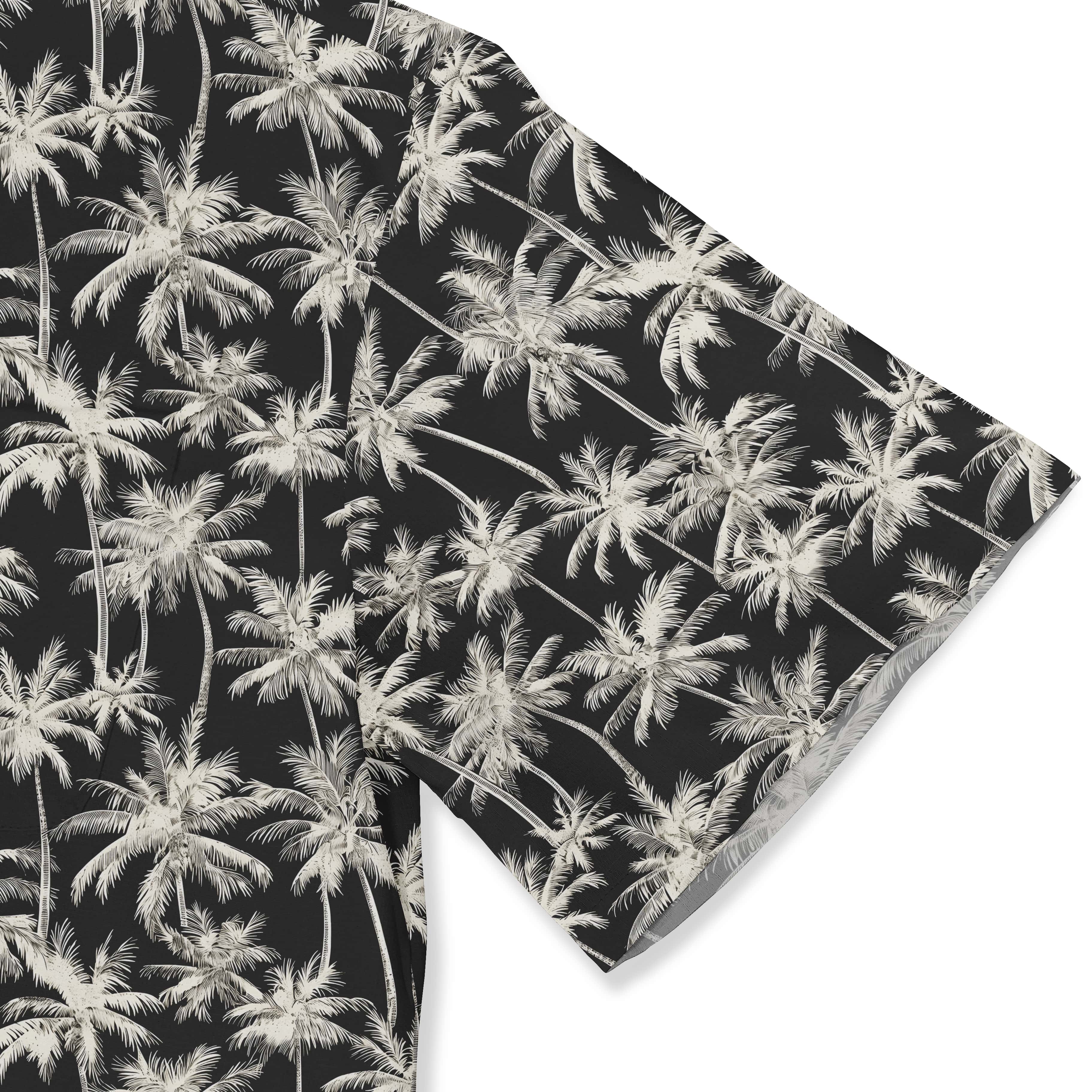 Black shirt with white palm tree print.