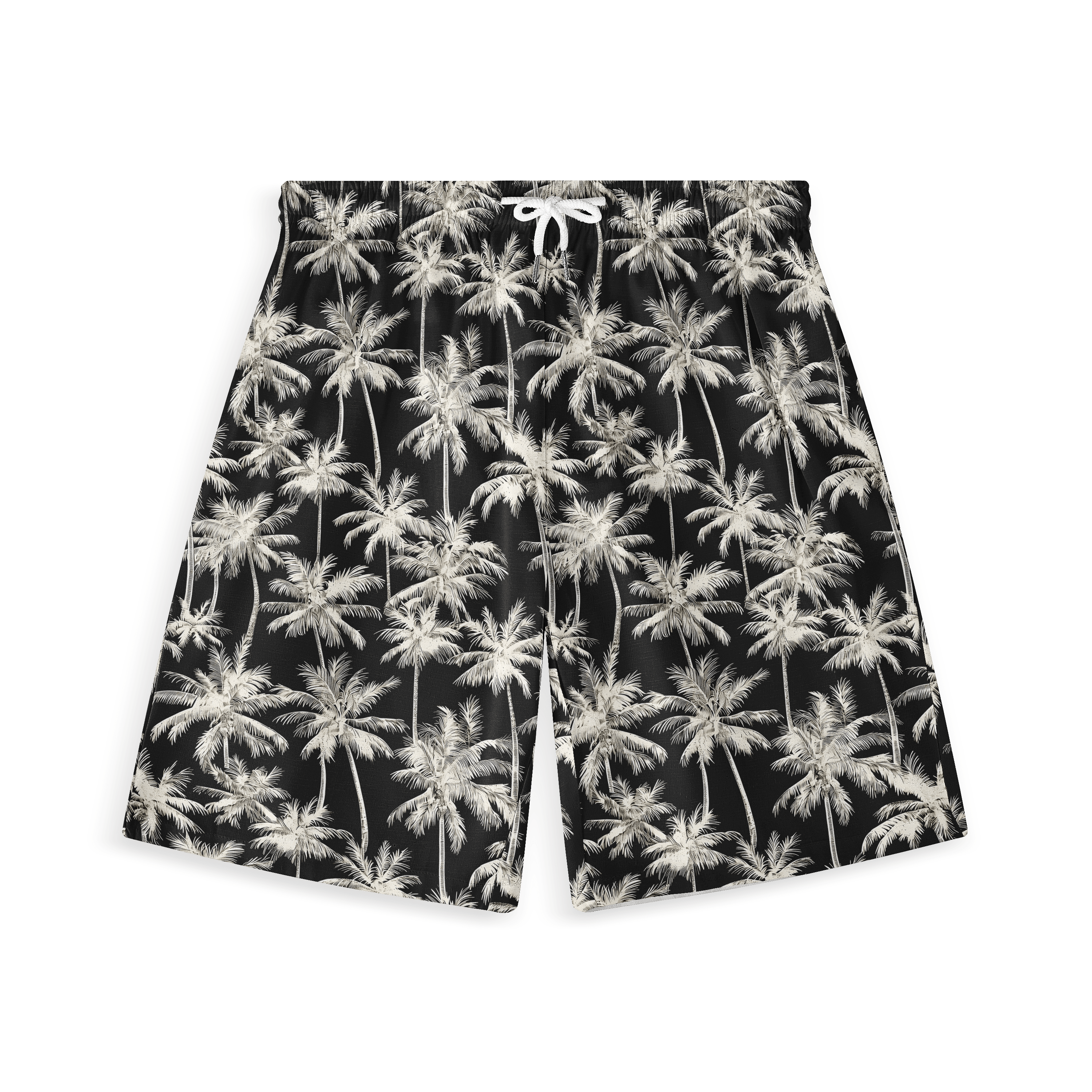 Black shorts with white palm tree print and drawstring waist.
