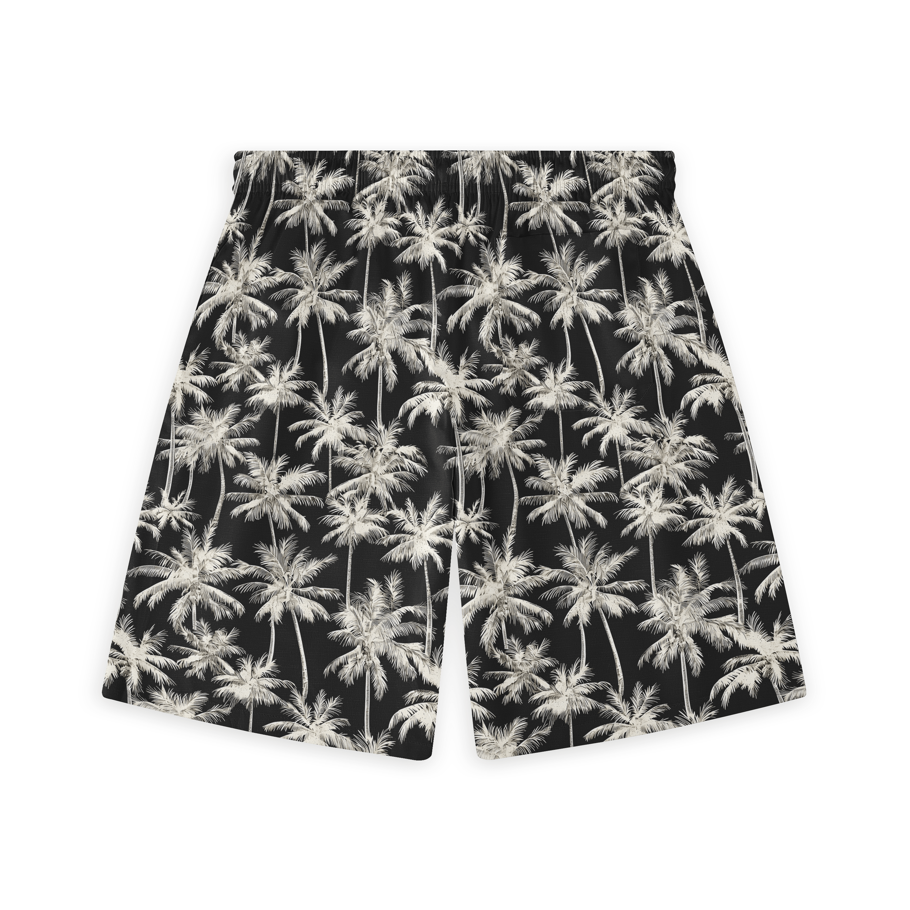 Black shorts with white palm tree print.