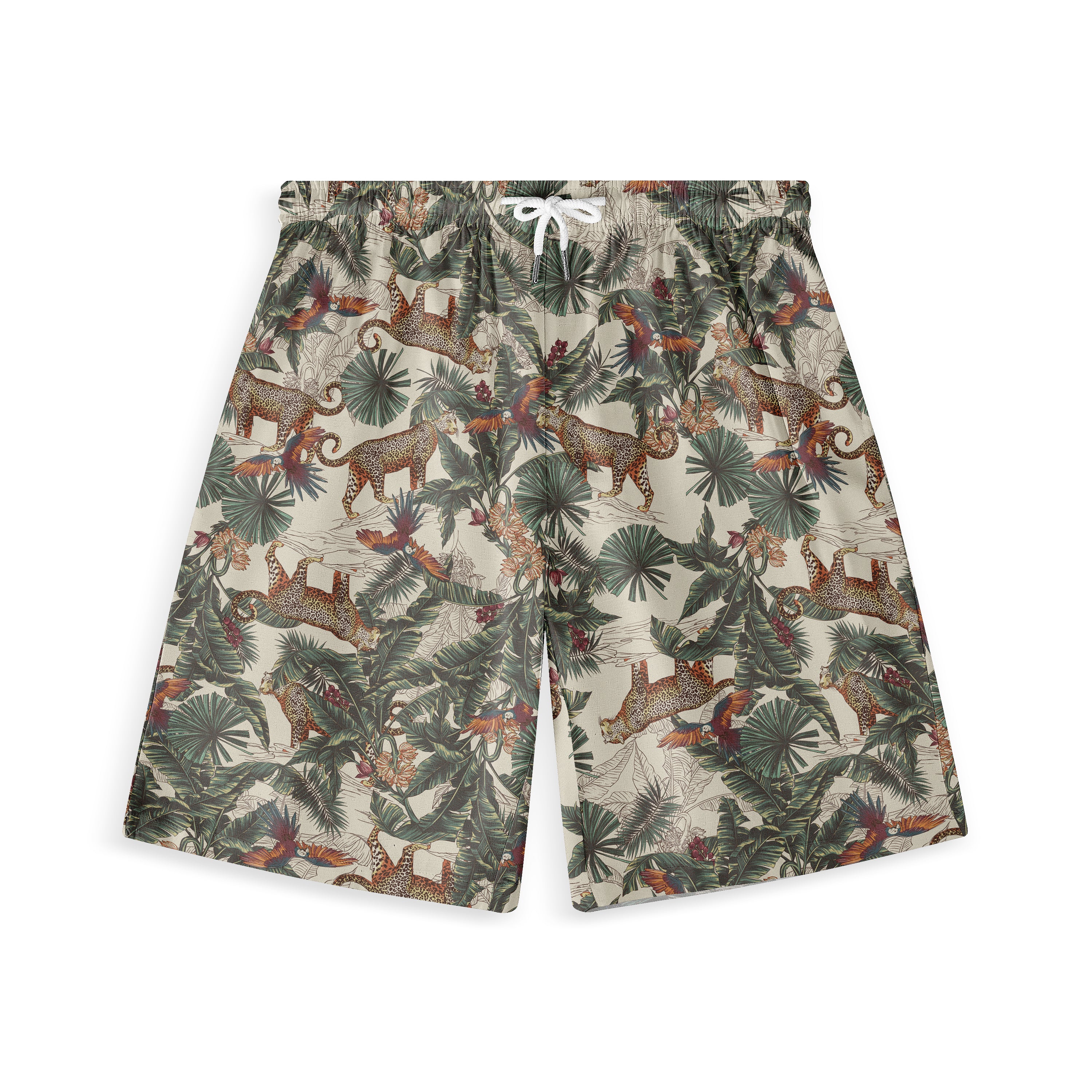 Tropical print swim shorts featuring leopards, parrots, and palm.