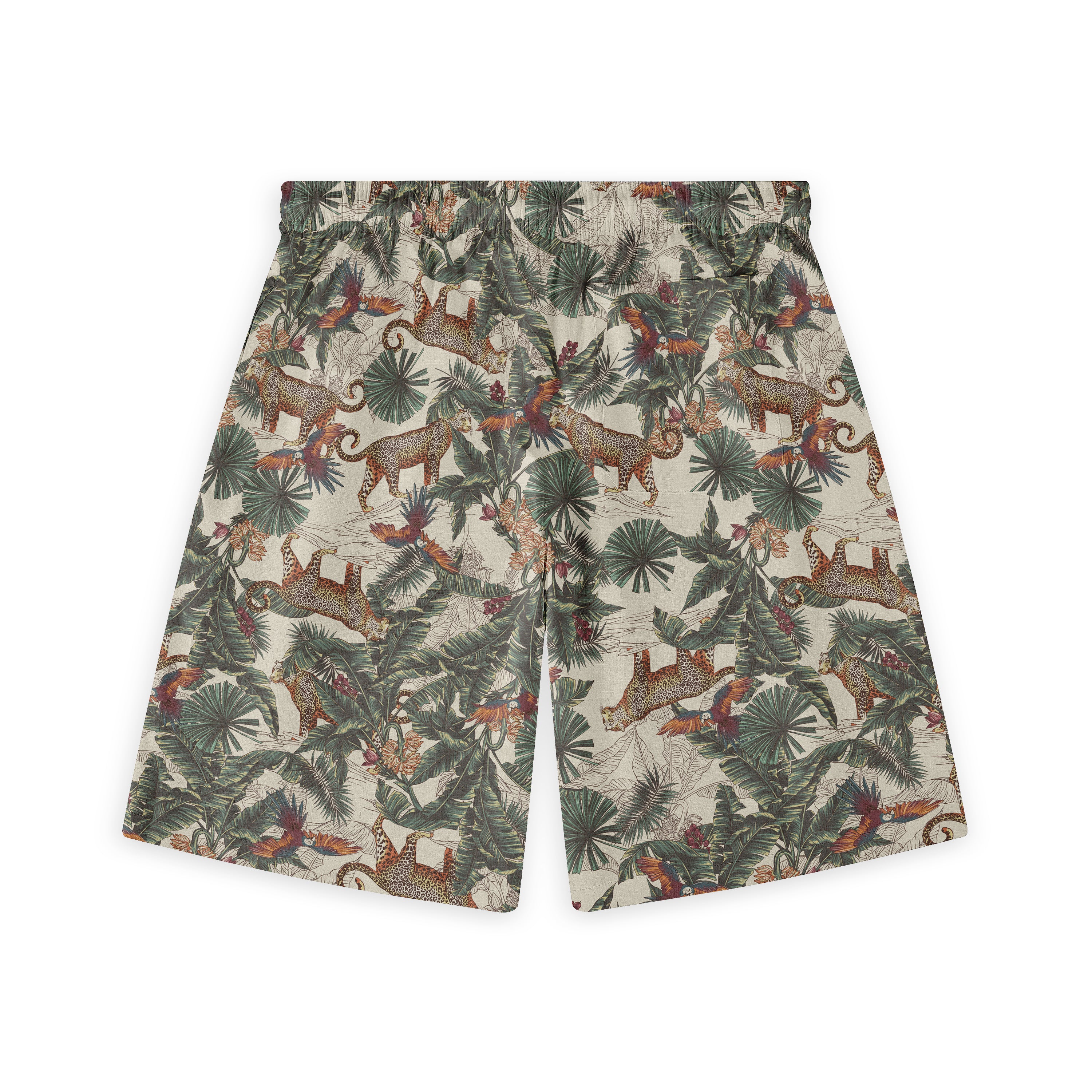 Tropical print shorts featuring leopards, parrots, and lush foliage.