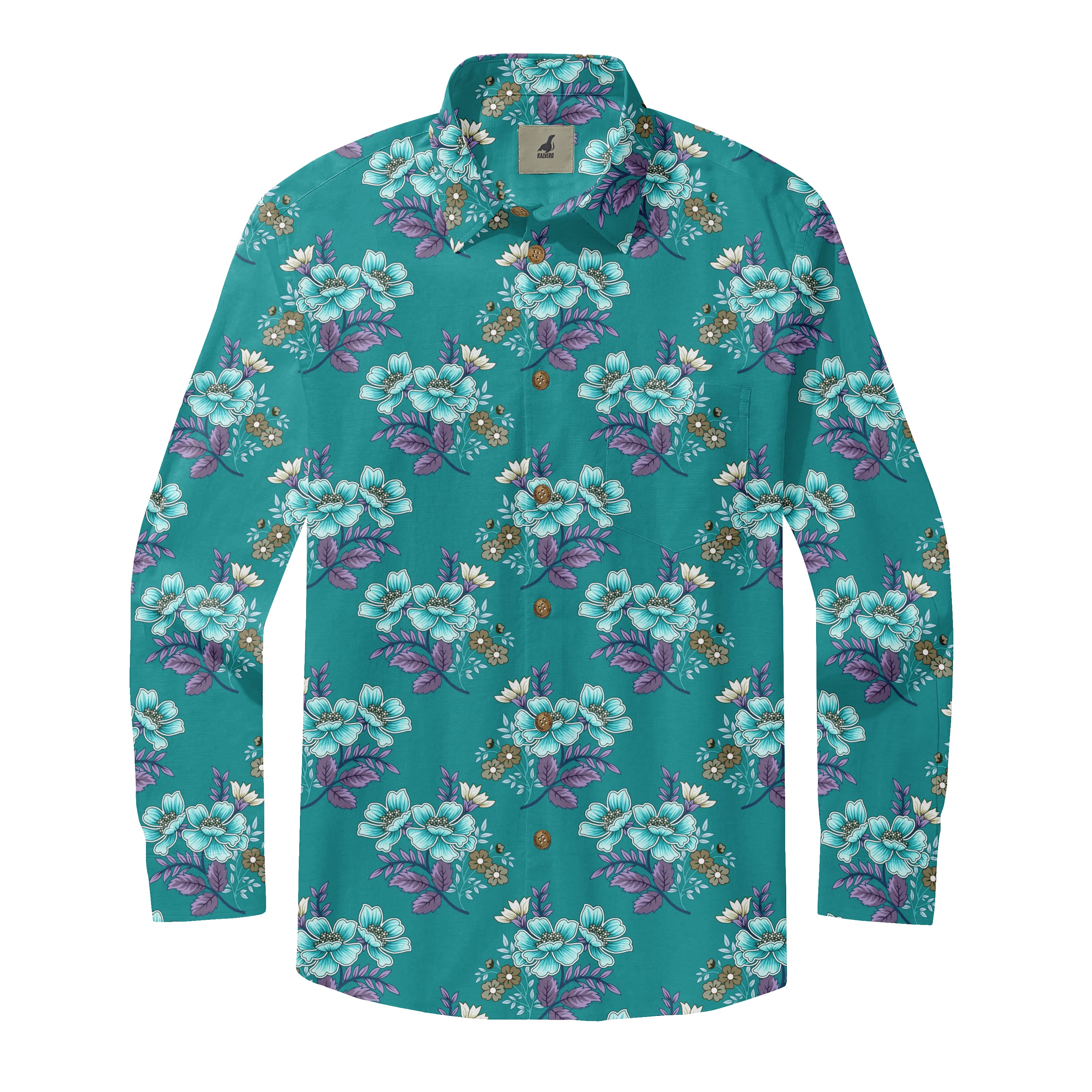 Teal Tropical Floral Long Sleeve Hawaiian Shirt