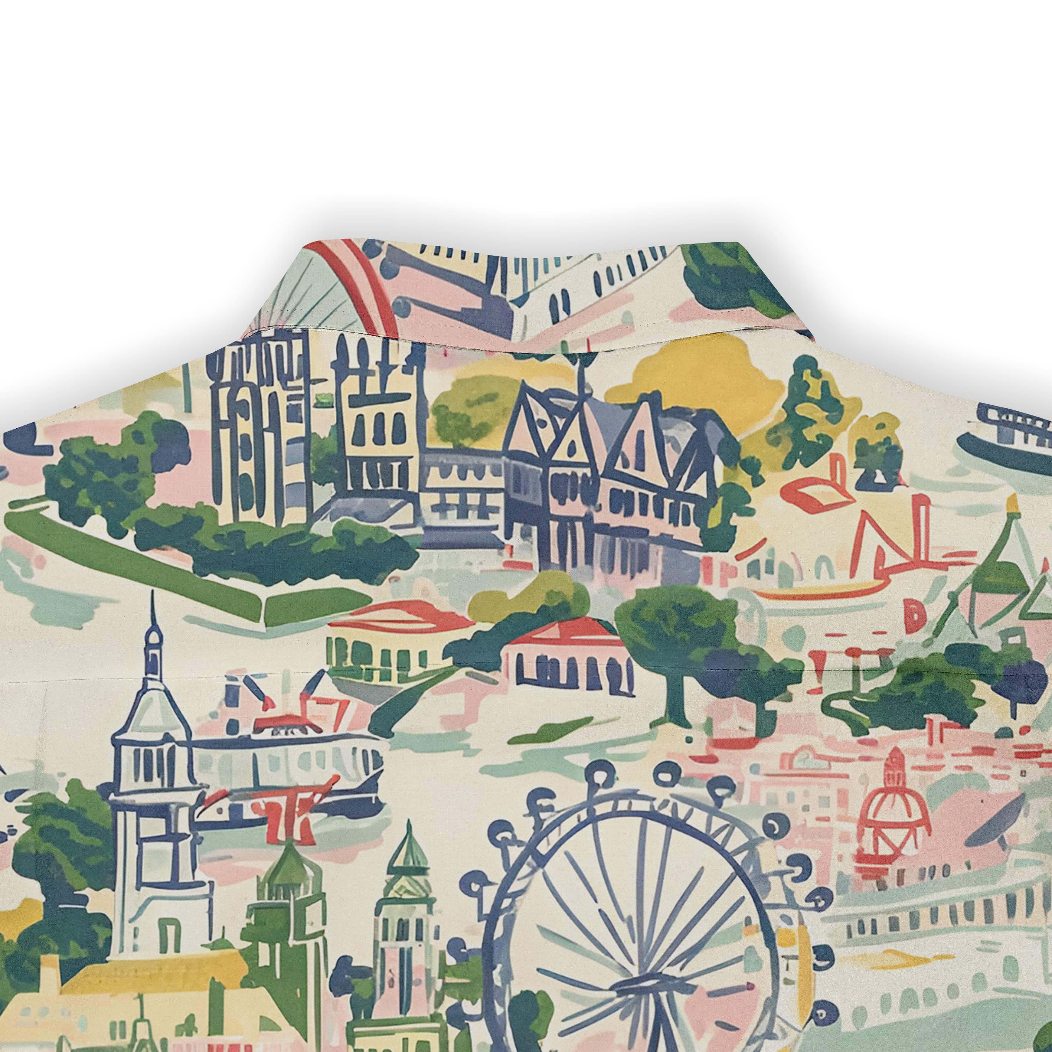 Colorful cityscape print shirt with Ferris wheel and buildings.