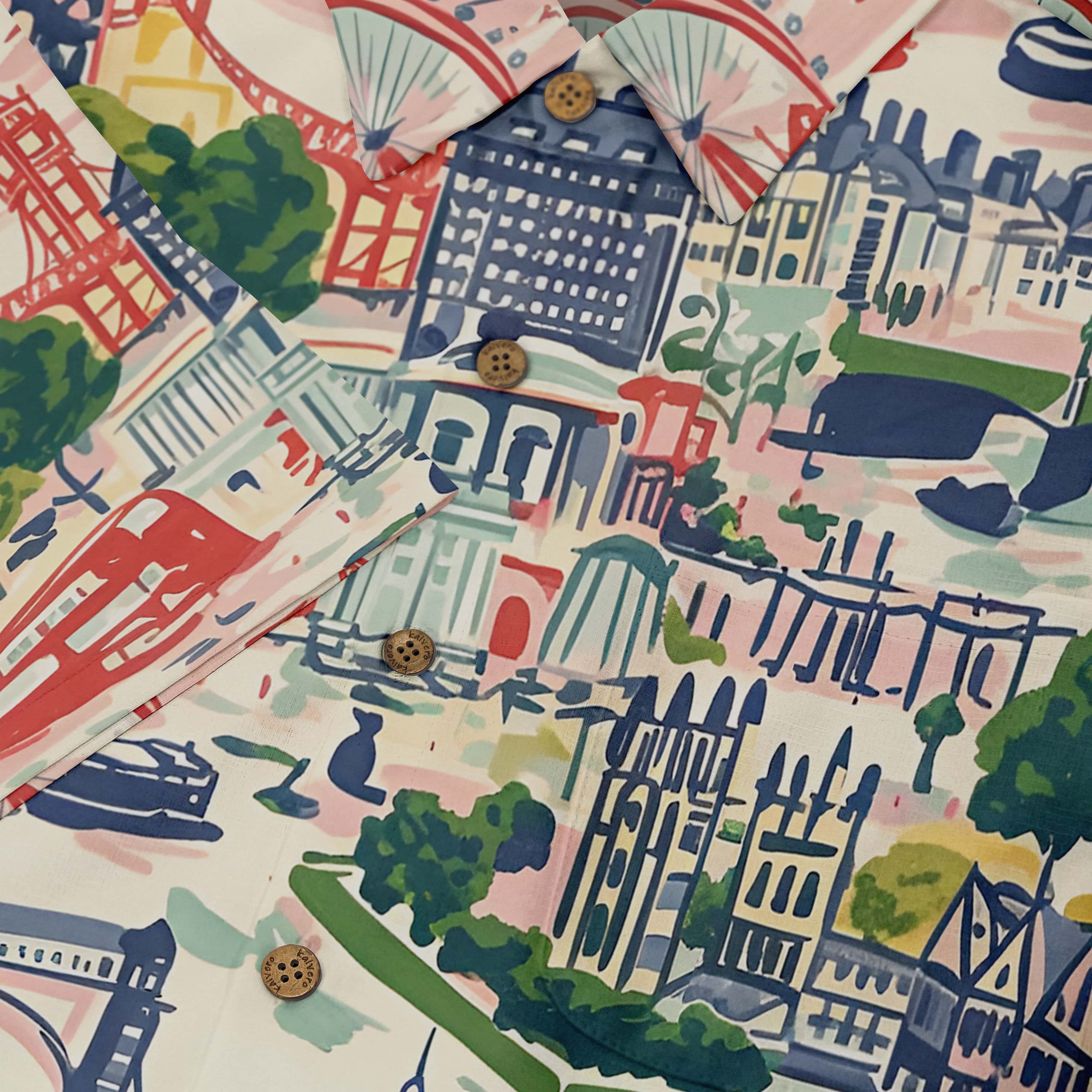 Colorful fabric with cityscape print and buttons.