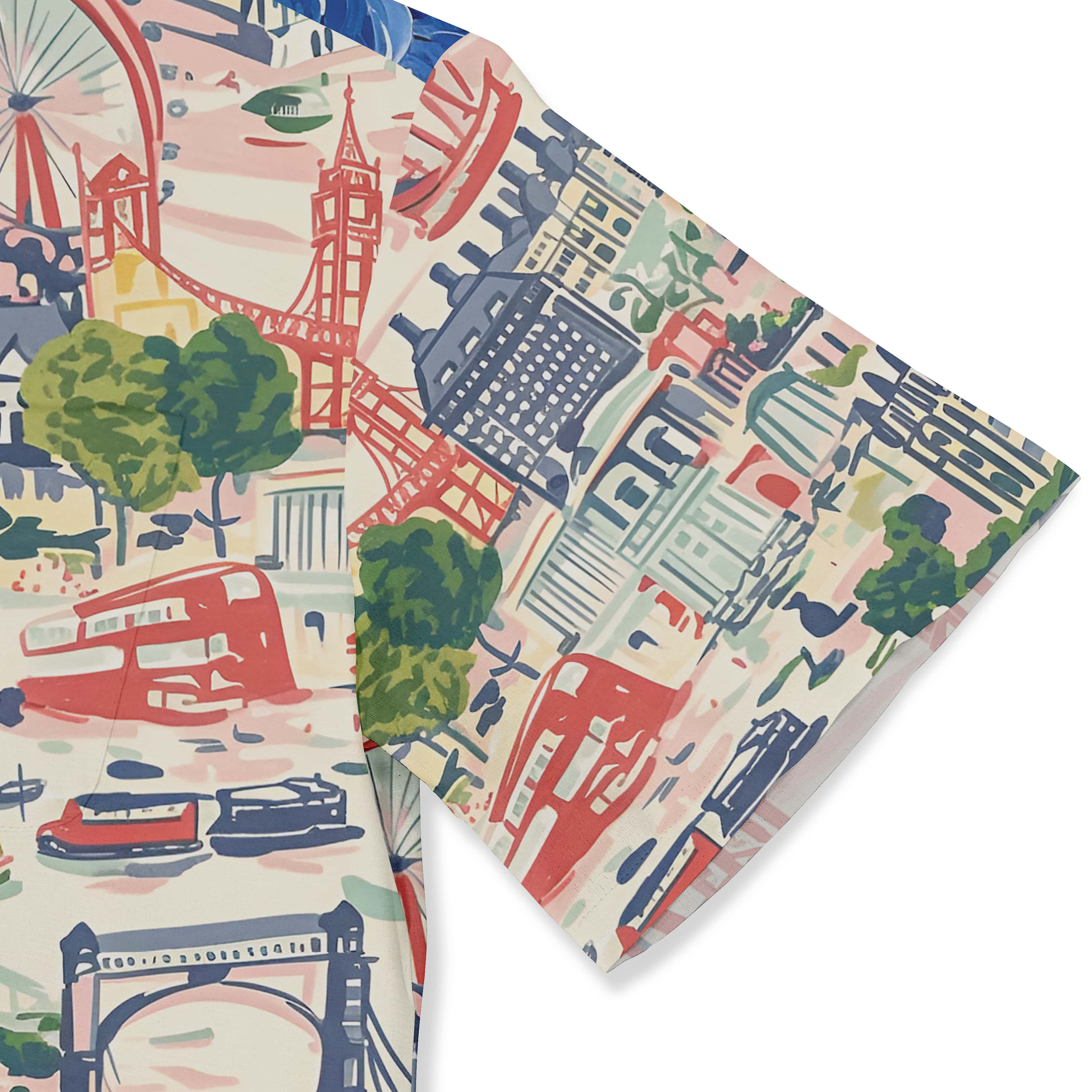 Colorful cityscape fabric with landmarks and vehicles.