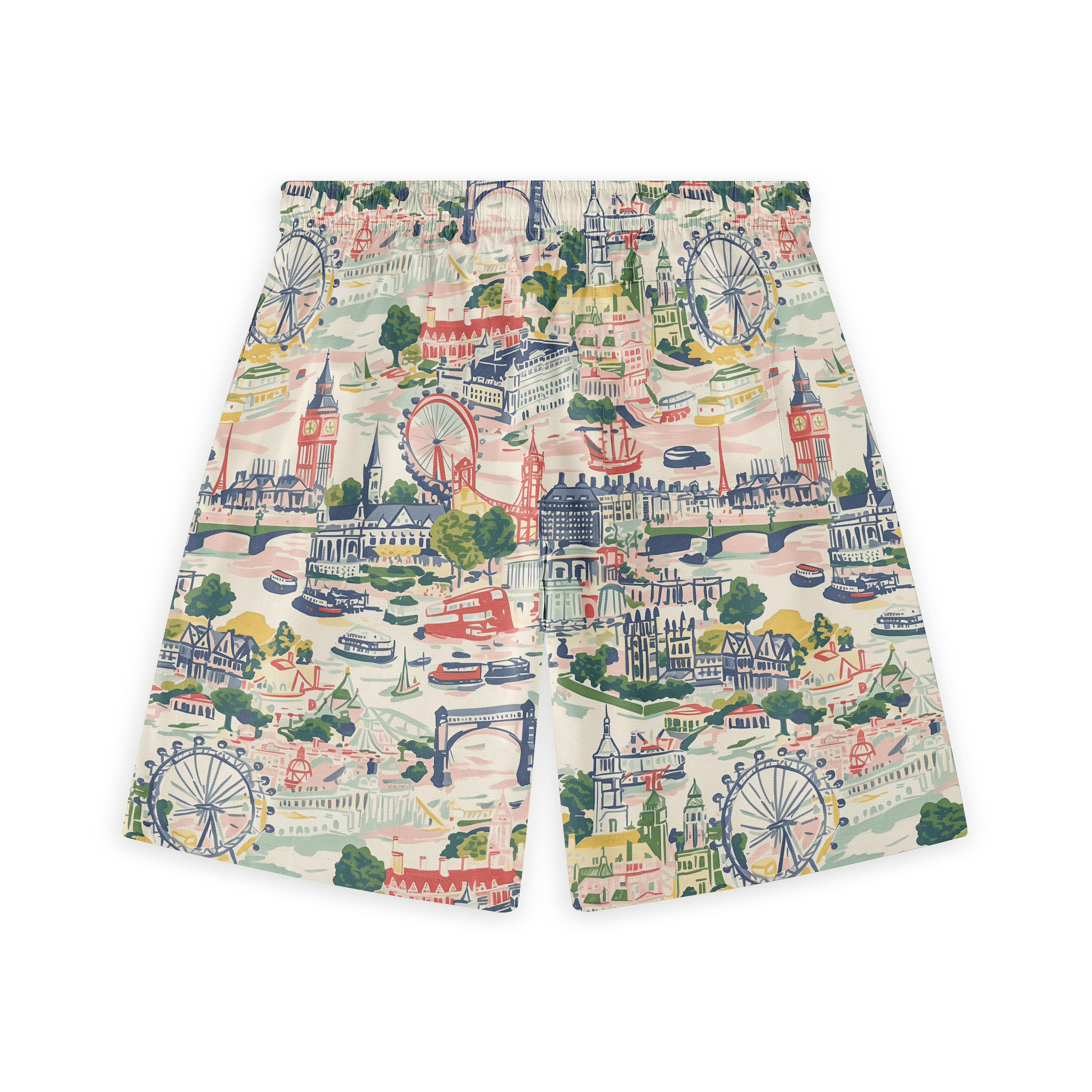Colorful shorts with cityscape print, including landmarks and ferris.