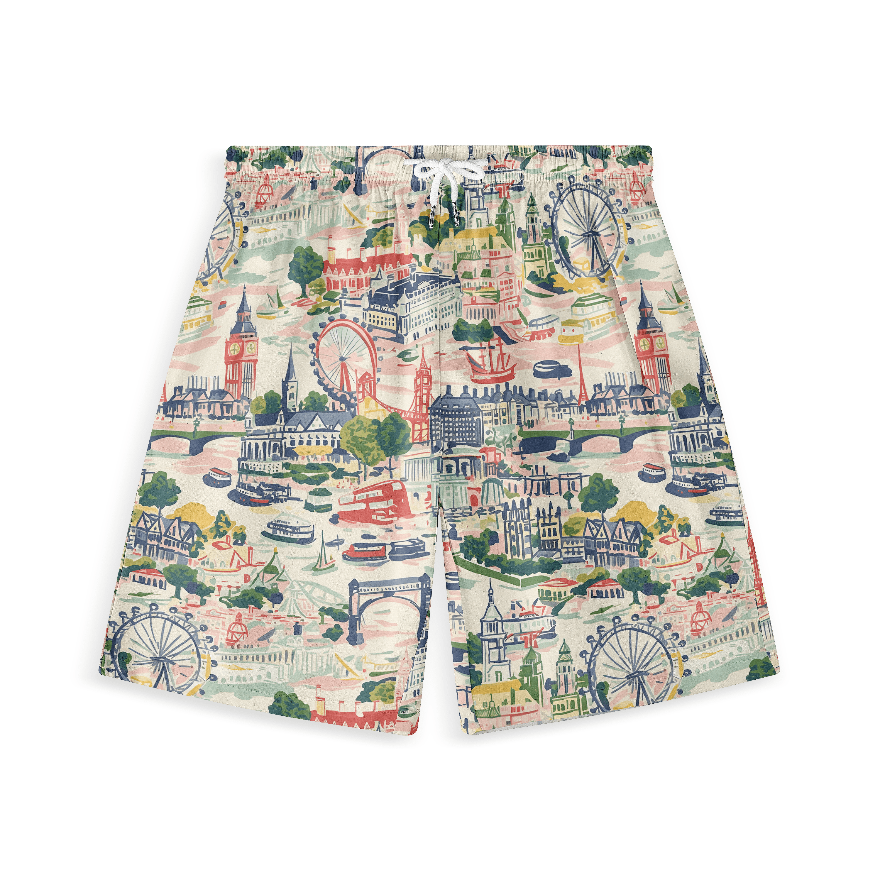 Colorful shorts featuring a vibrant London cityscape print with.