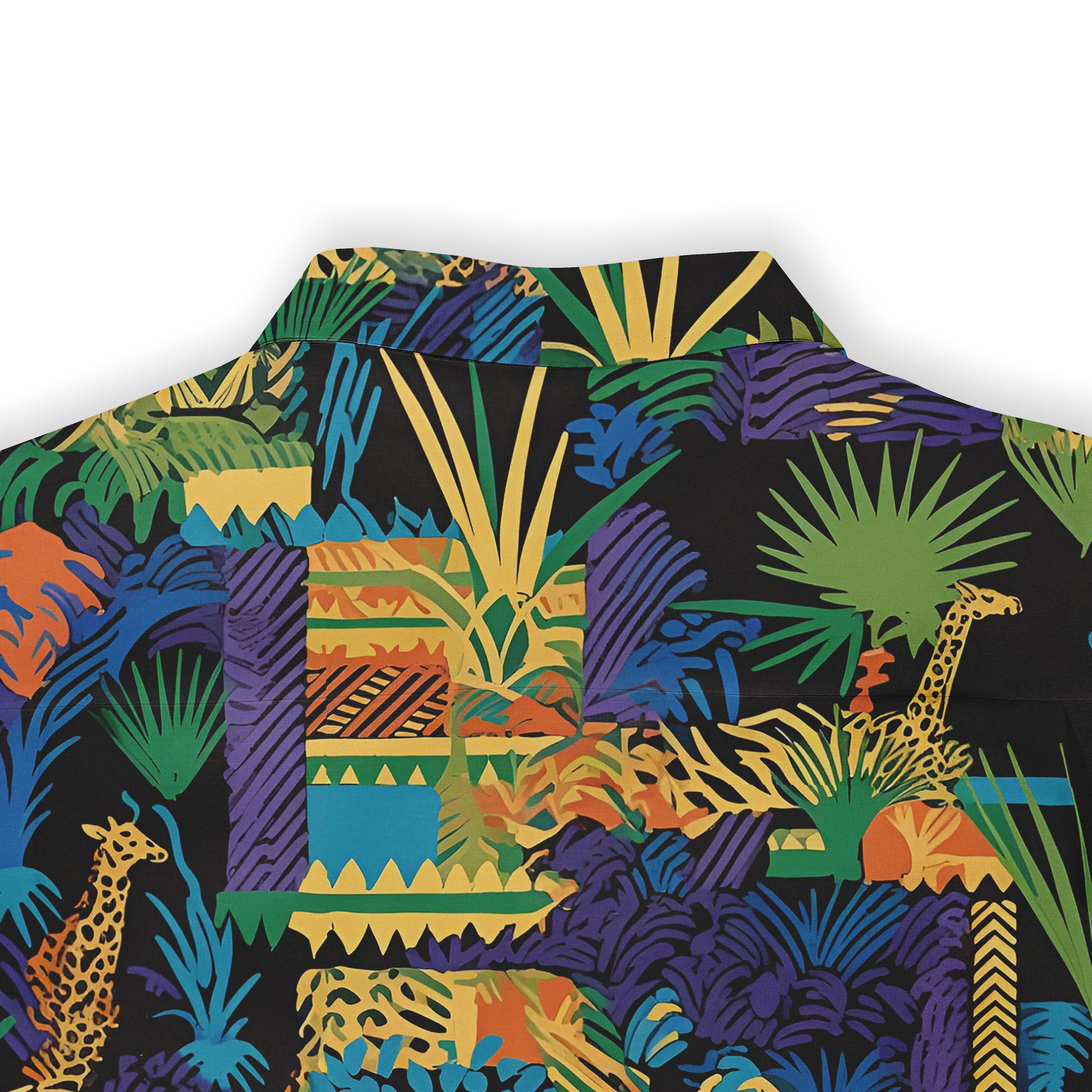 Colorful jungle print shirt with vibrant plants and giraffes.