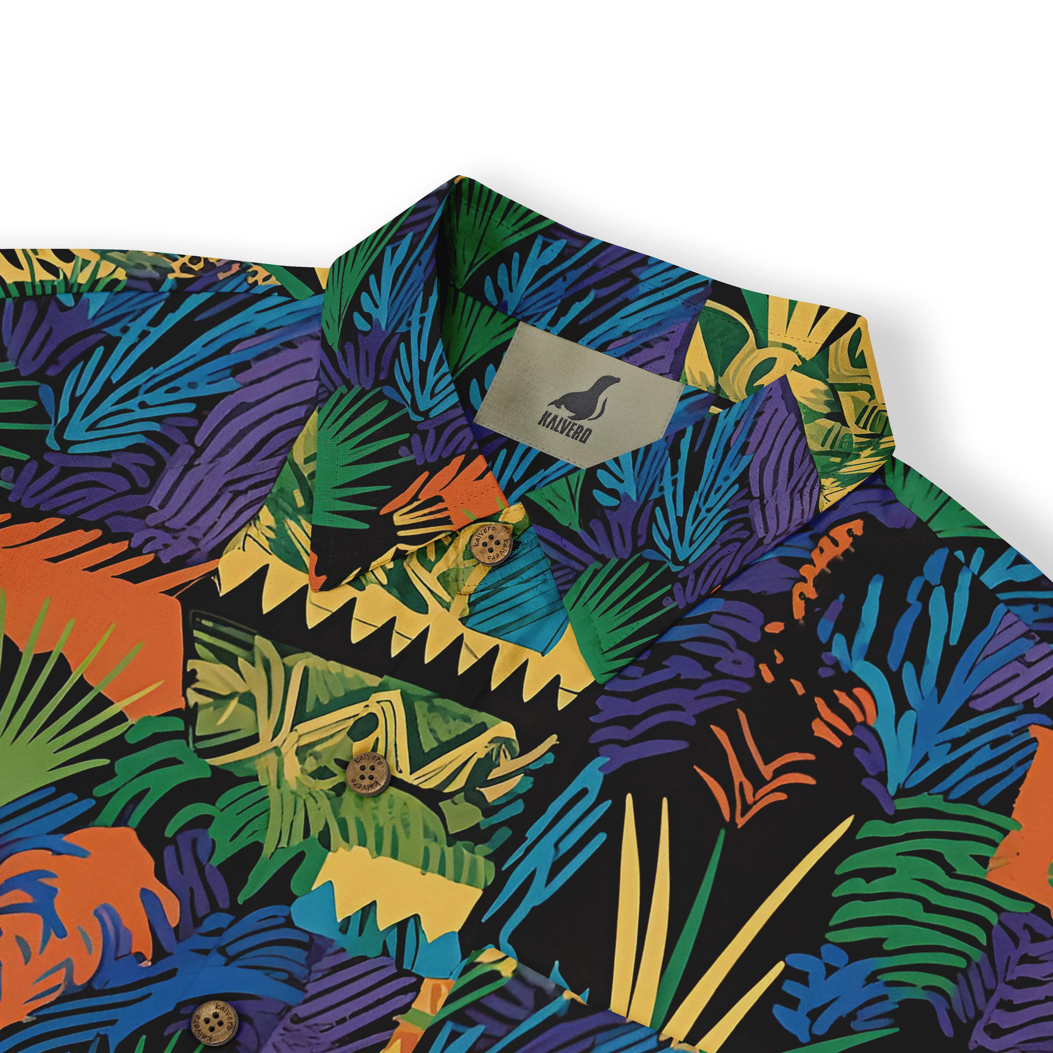Colorful tropical print shirt with bold leaf patterns.