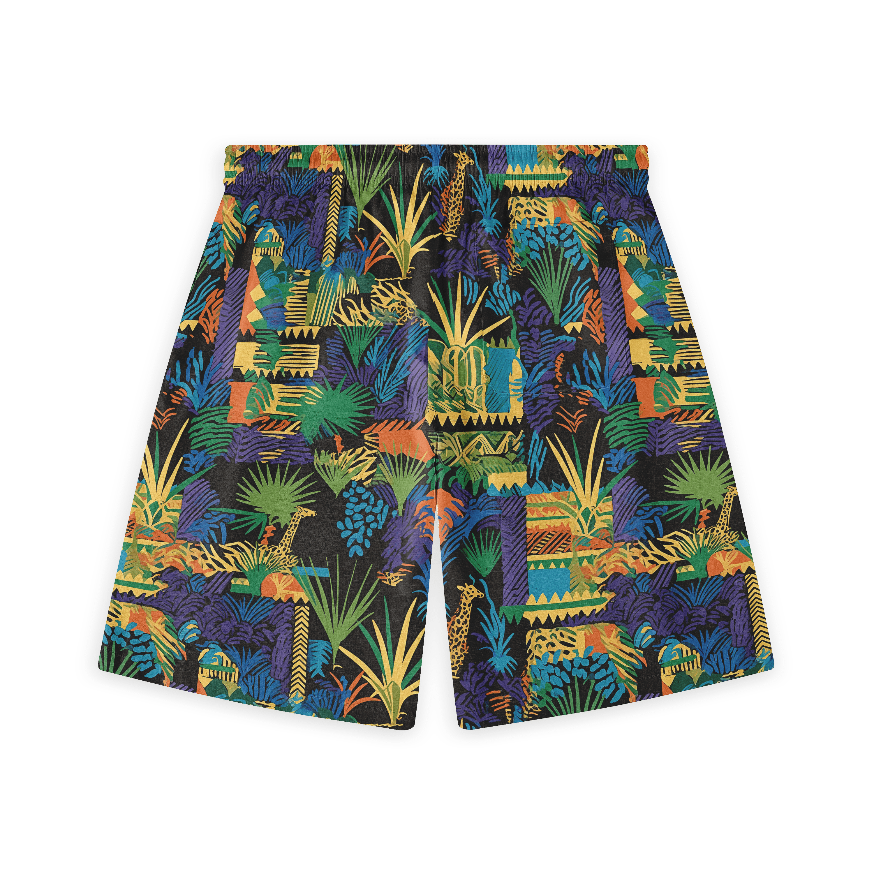 Colorful shorts with vibrant jungle print design.
