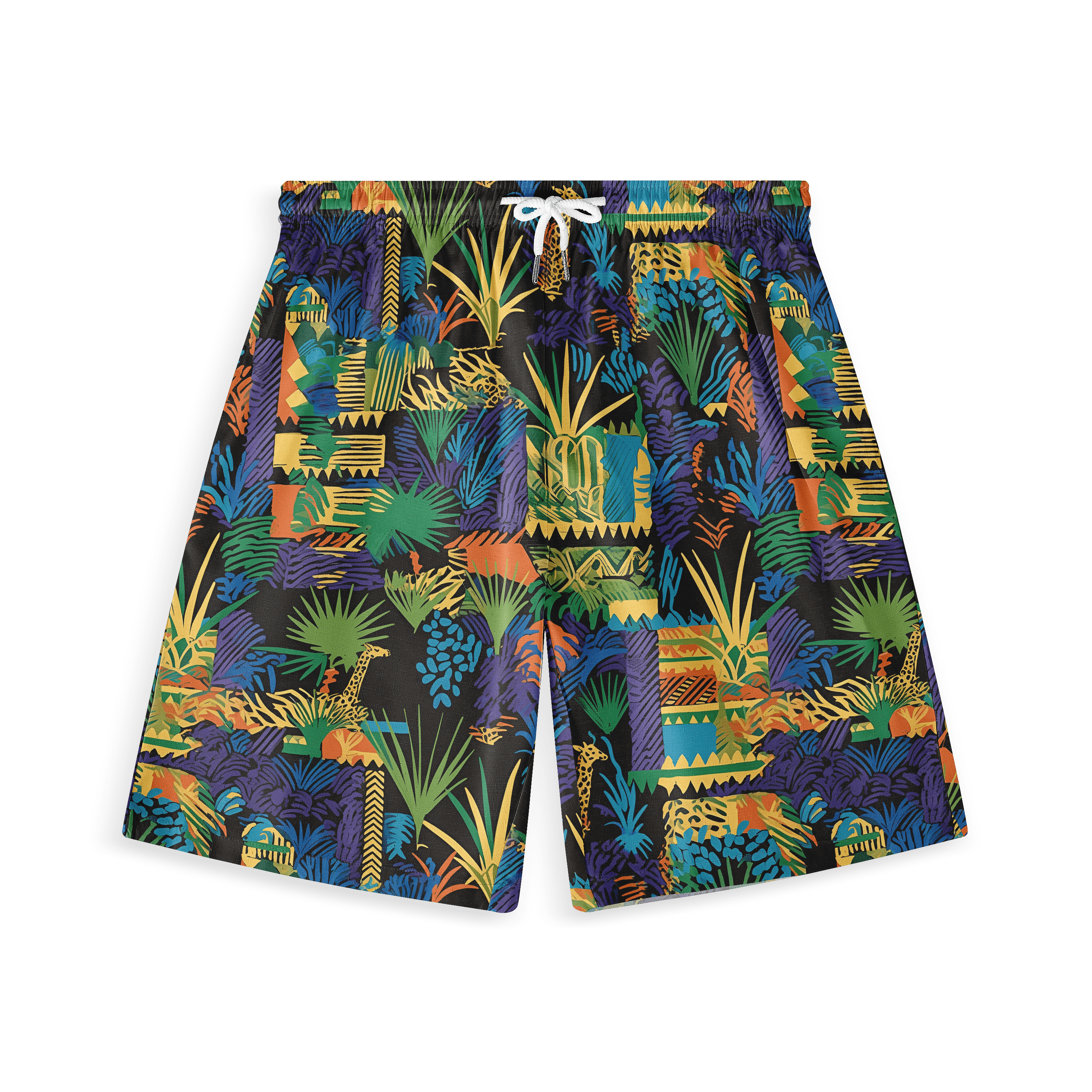 Colorful tropical print shorts with drawstring waist.