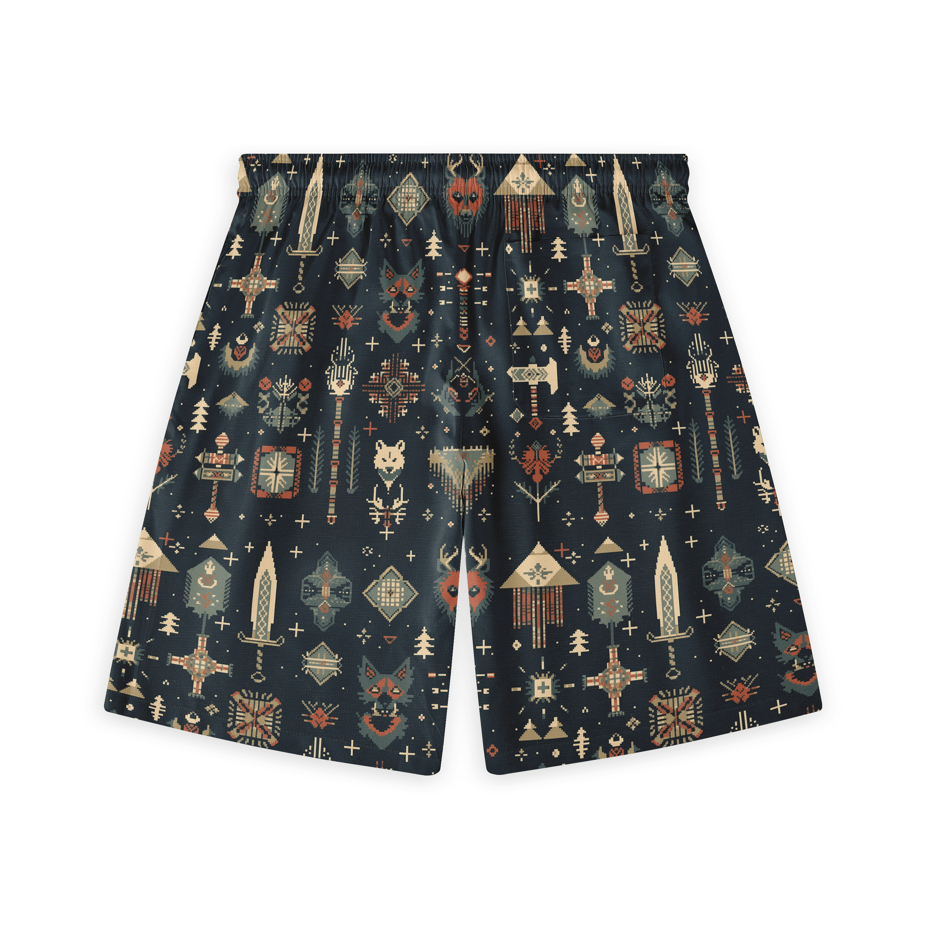 Dark shorts with swords, wolves, and geometric patterns.
