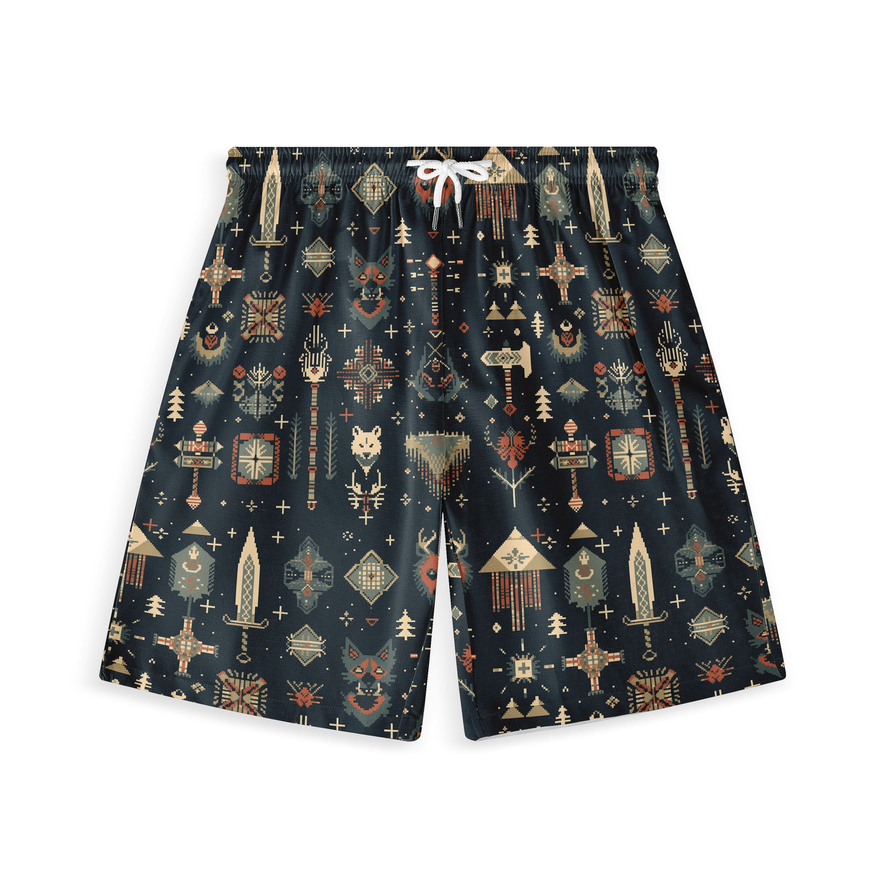 Dark blue shorts with intricate tribal patterns, featuring swords.