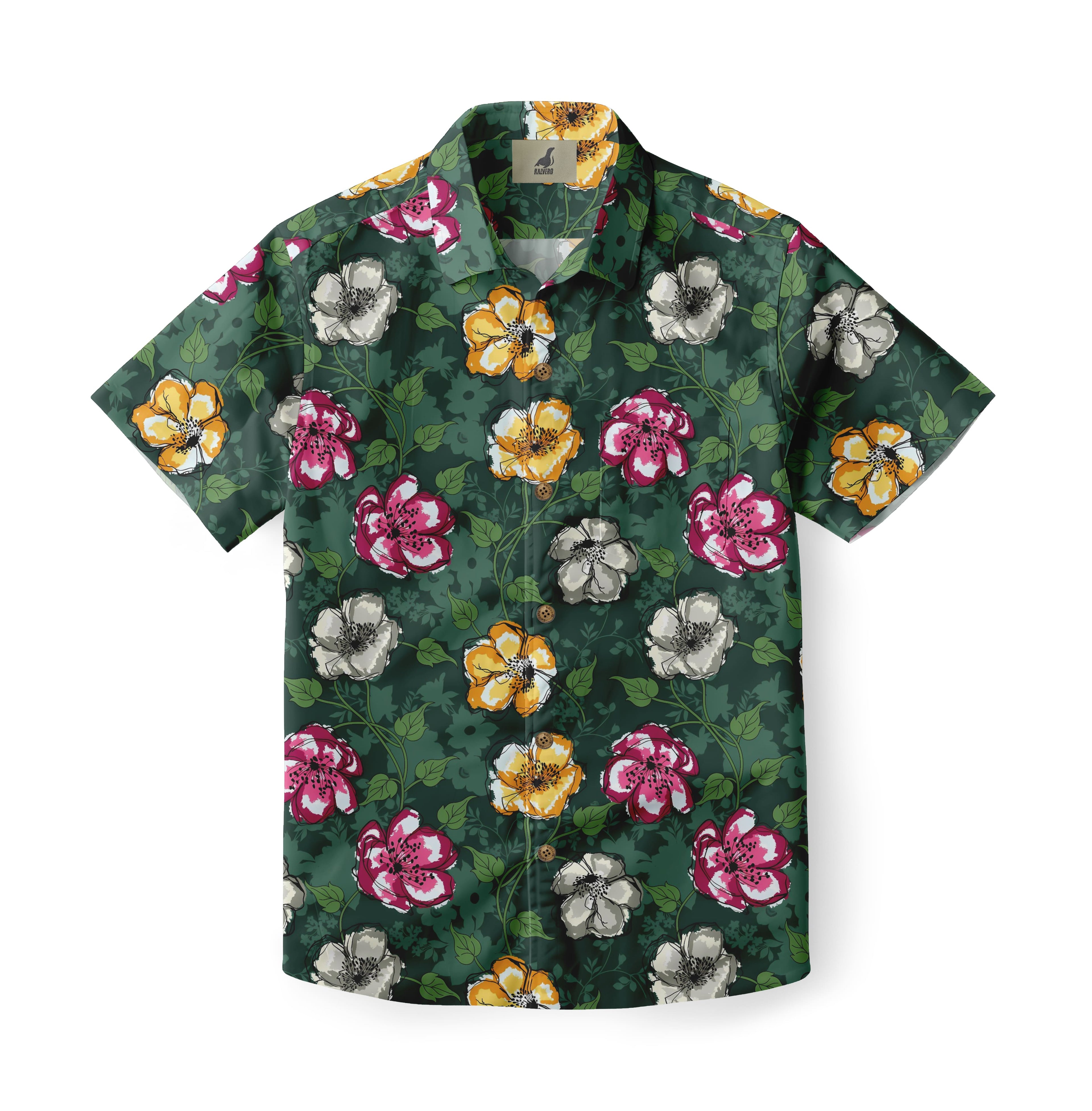 Dark Green Tropical Floral Hawaiian Shirt