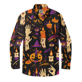 Black long-sleeve shirt with Halloween-themed print featuring.