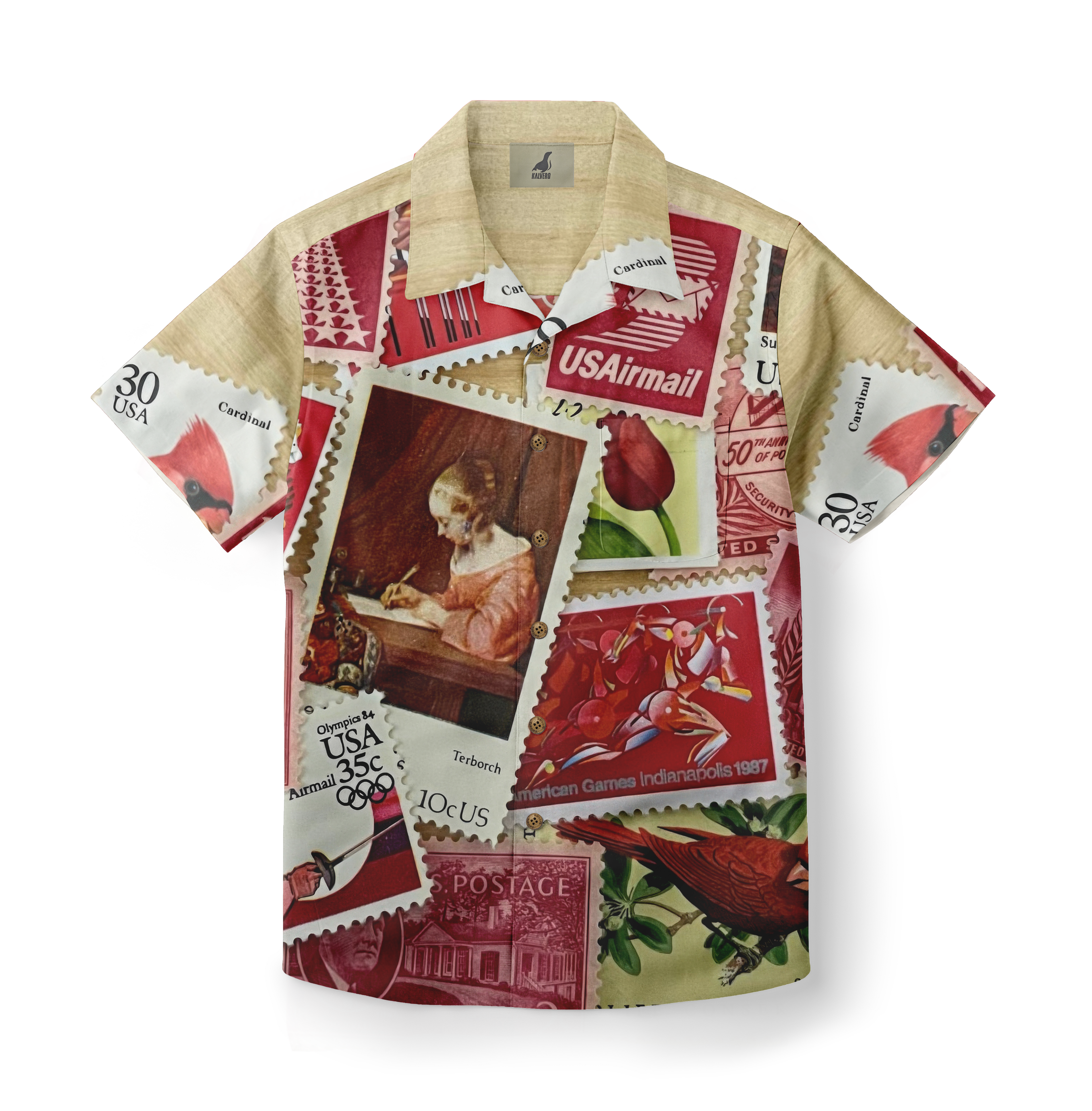 Beige shirt with colorful postage stamp prints.