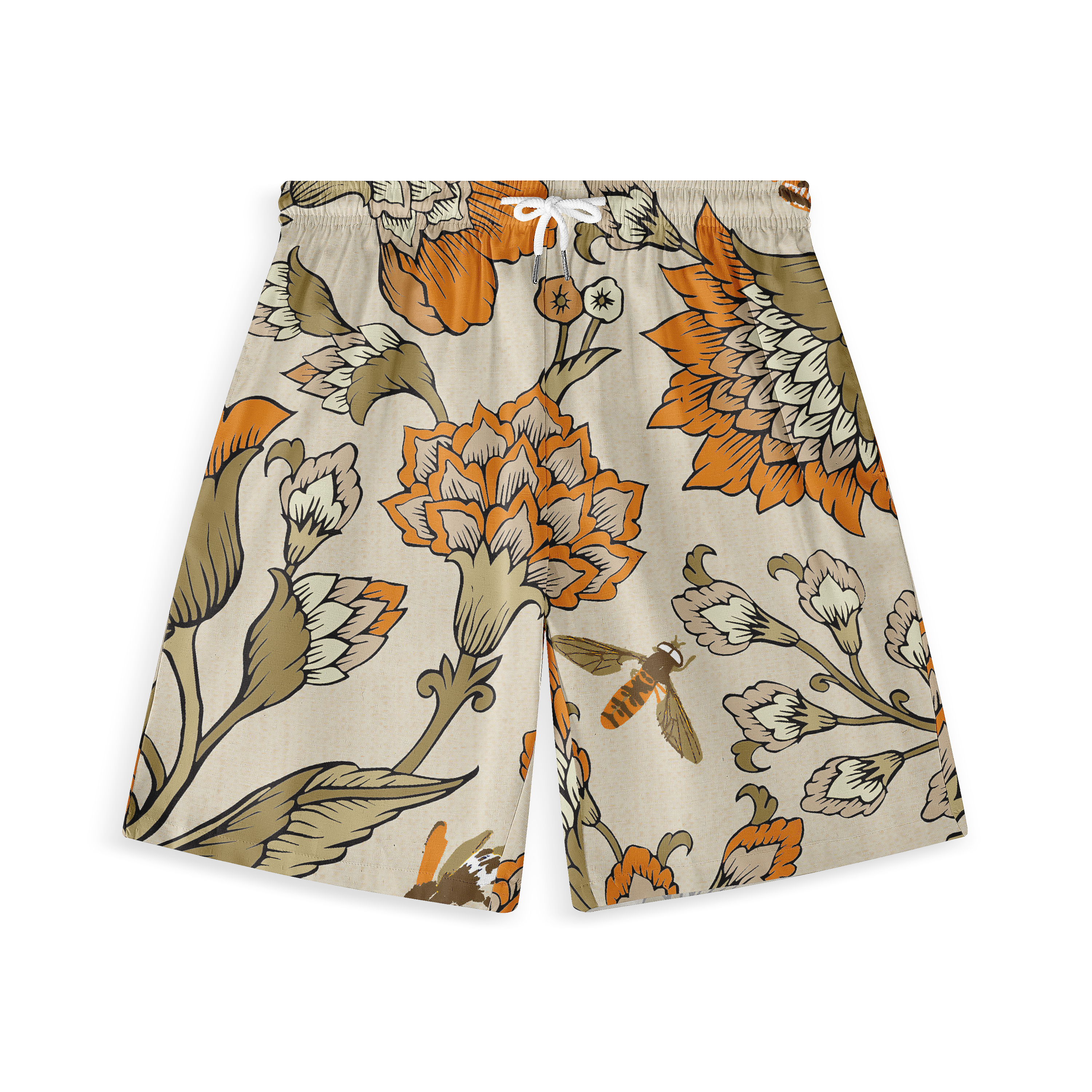 Beige shorts with orange and brown floral pattern.