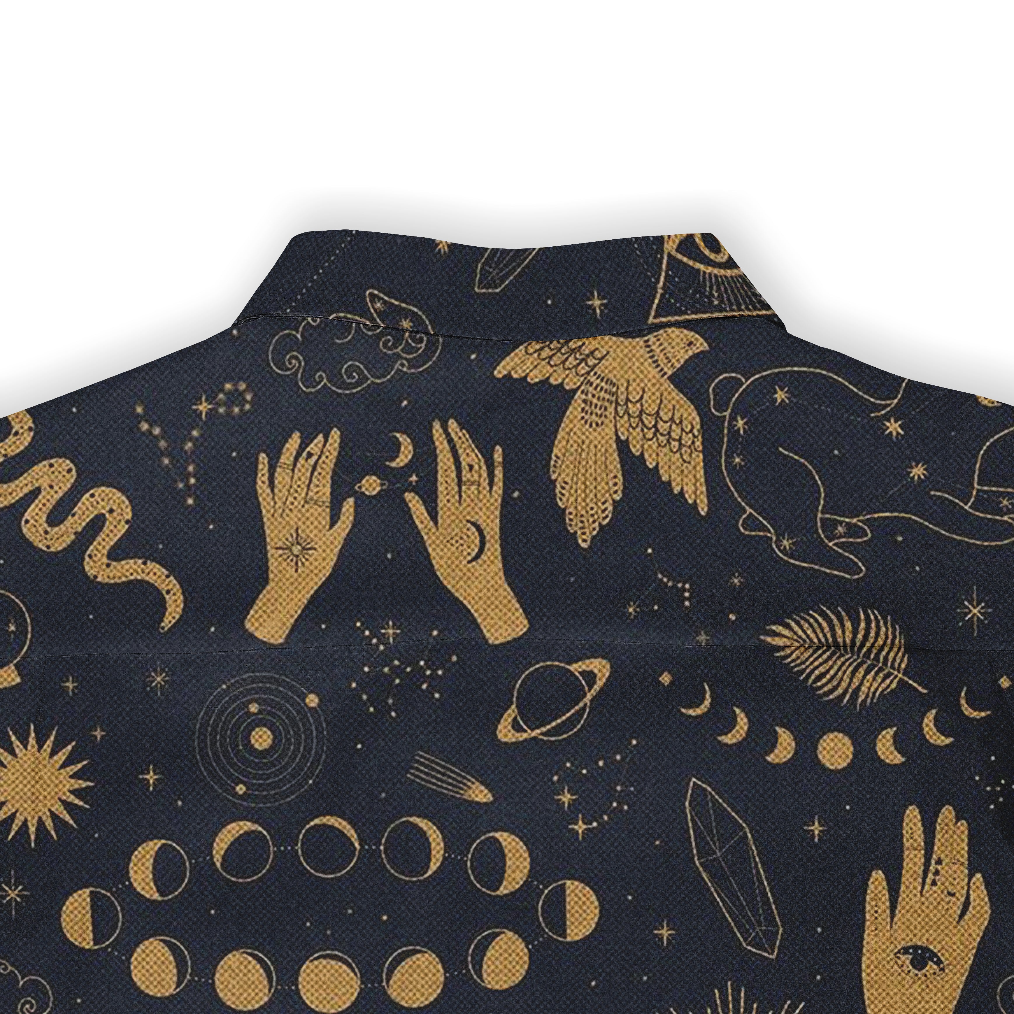 Dark blue shirt with gold celestial and hand patterns.
