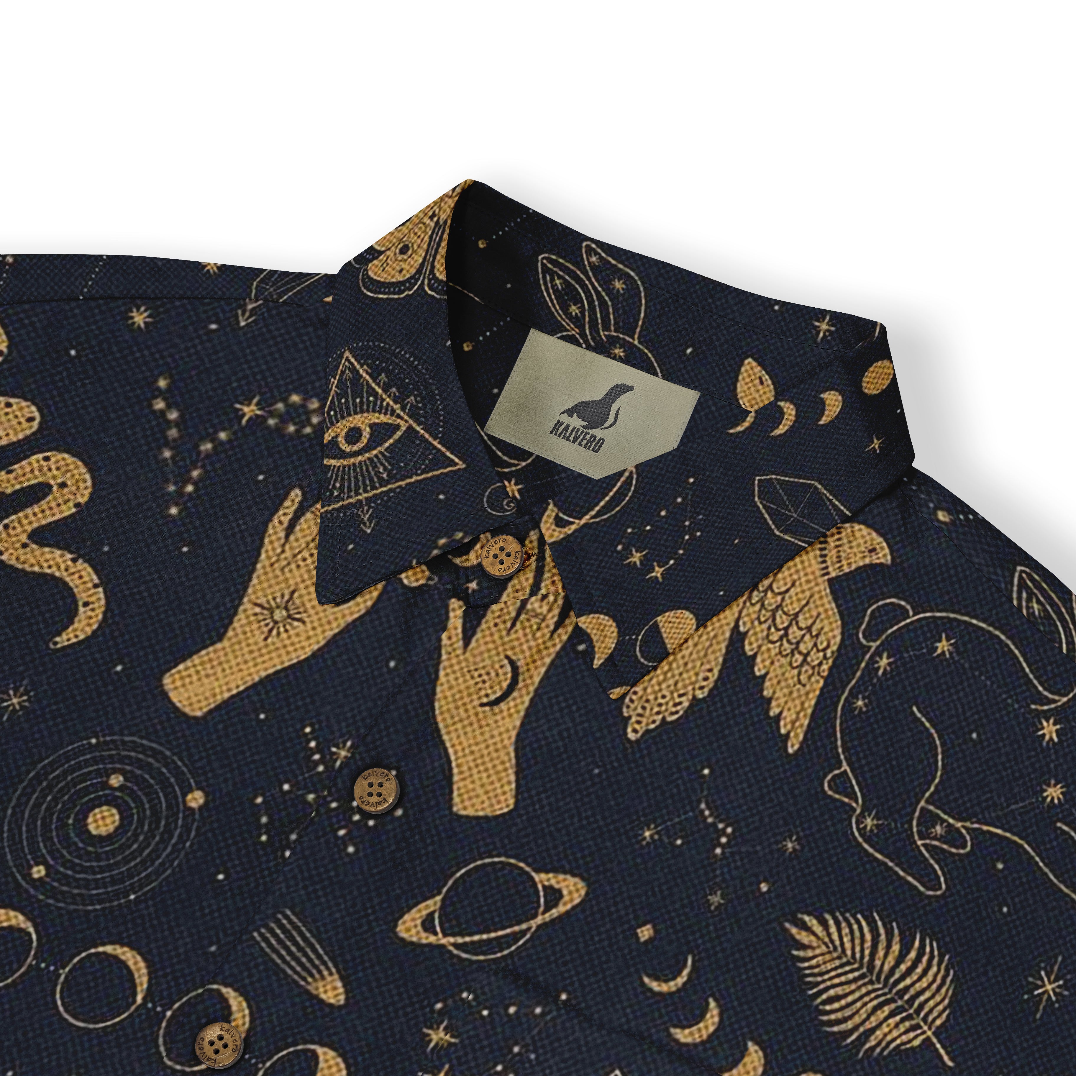 Dark blue shirt with gold cosmic and hand patterns.