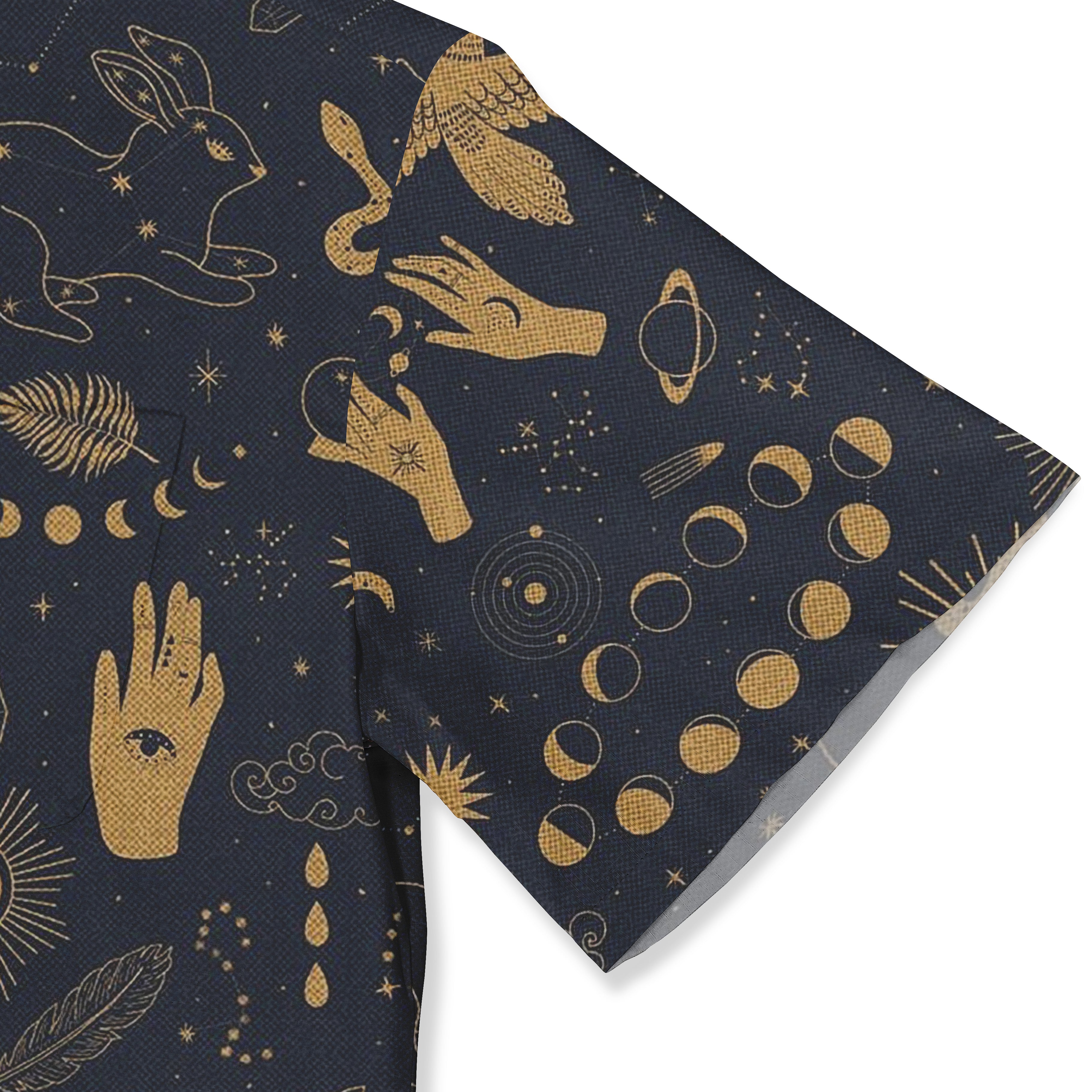 Dark blue fabric with gold celestial and hand patterns.
